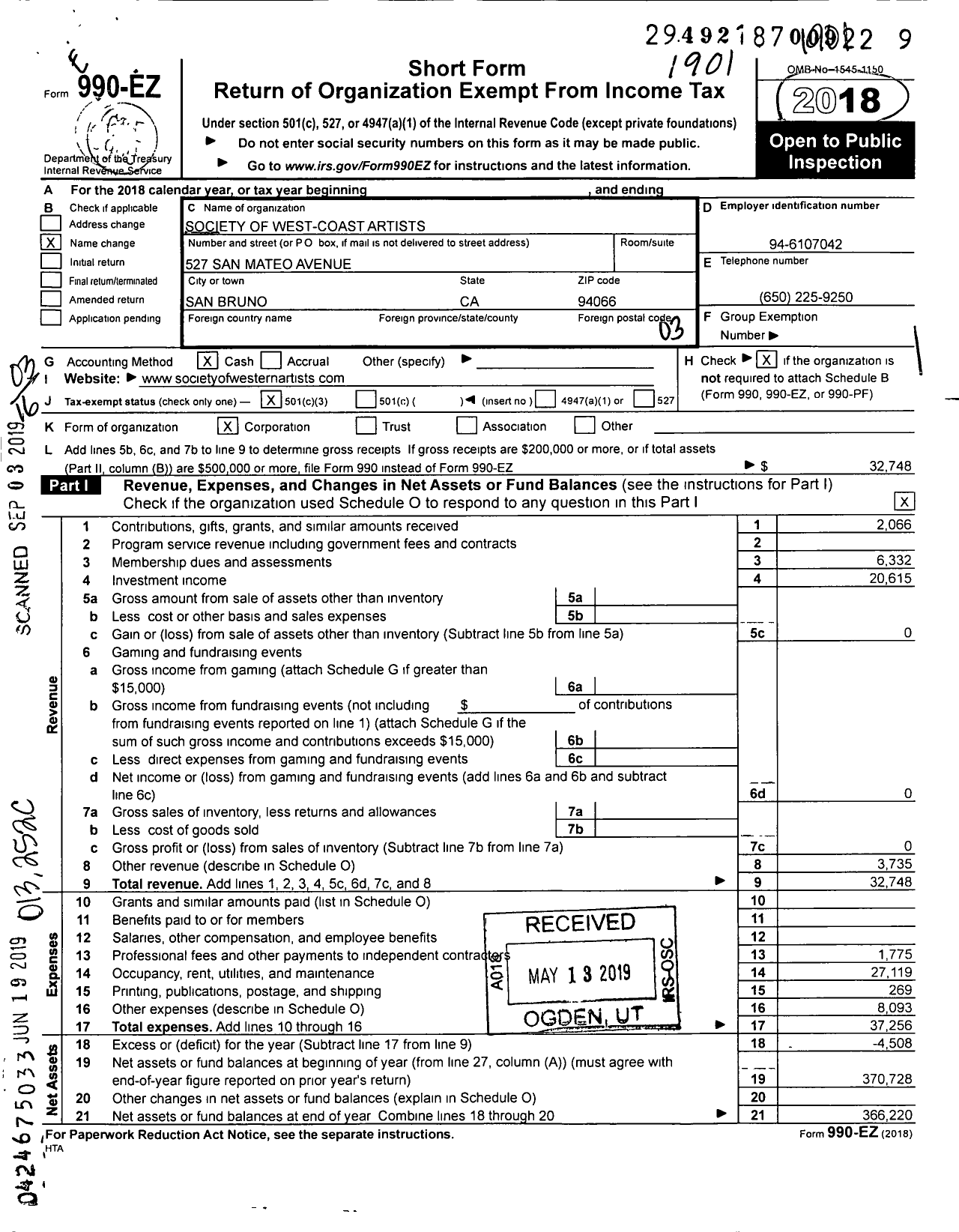 Image of first page of 2018 Form 990EZ for Society of West-Coast Artists