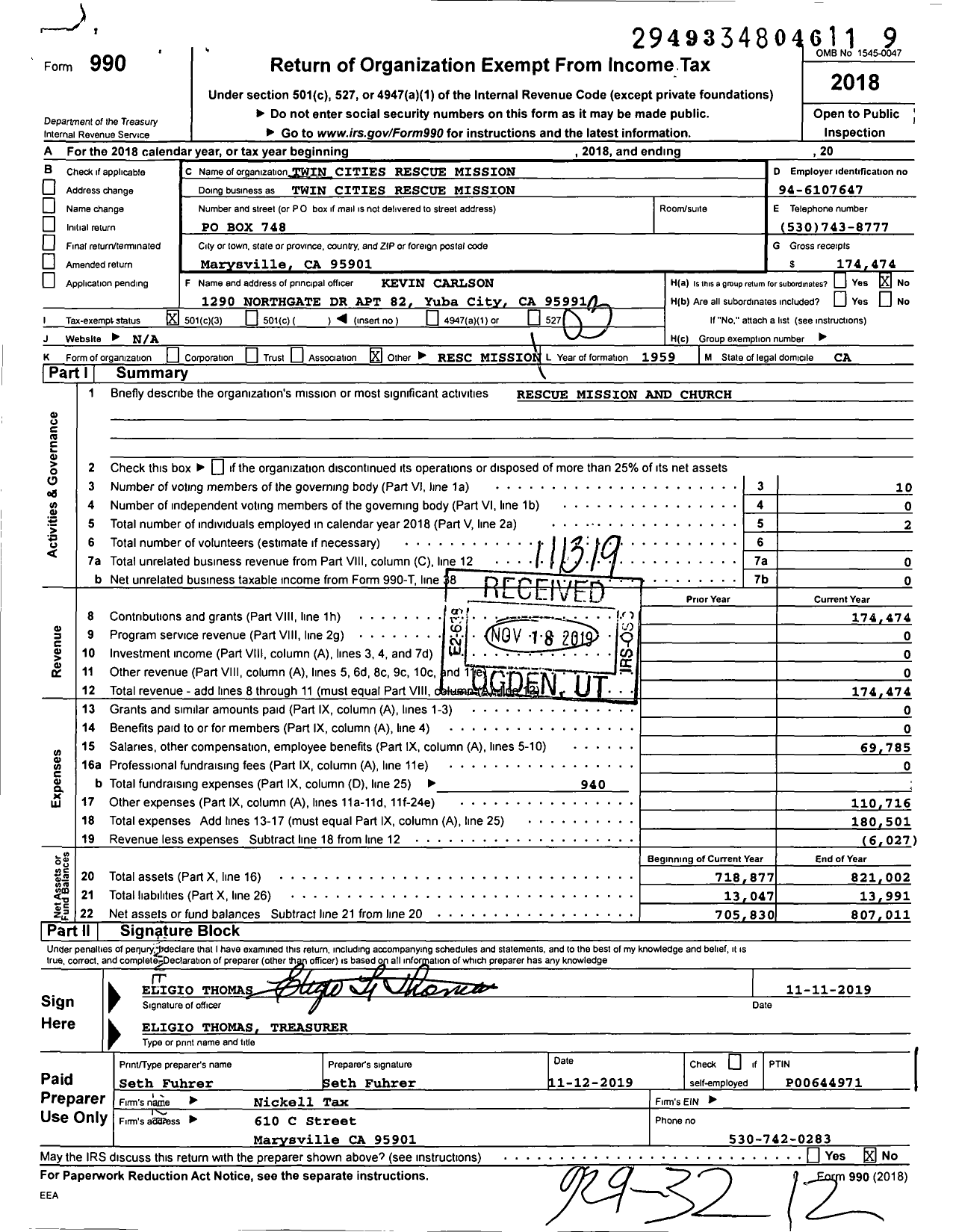 Image of first page of 2018 Form 990 for Twin Cities Rescue Mission