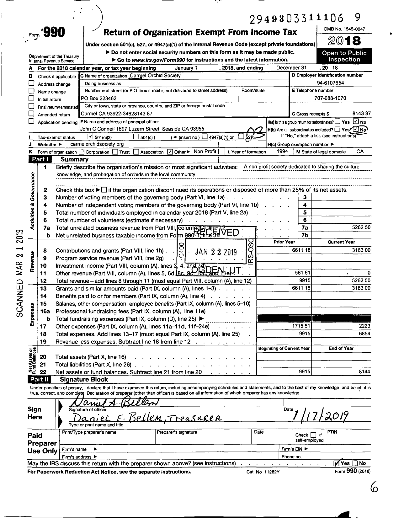 Image of first page of 2018 Form 990 for Carmel Orchid Society