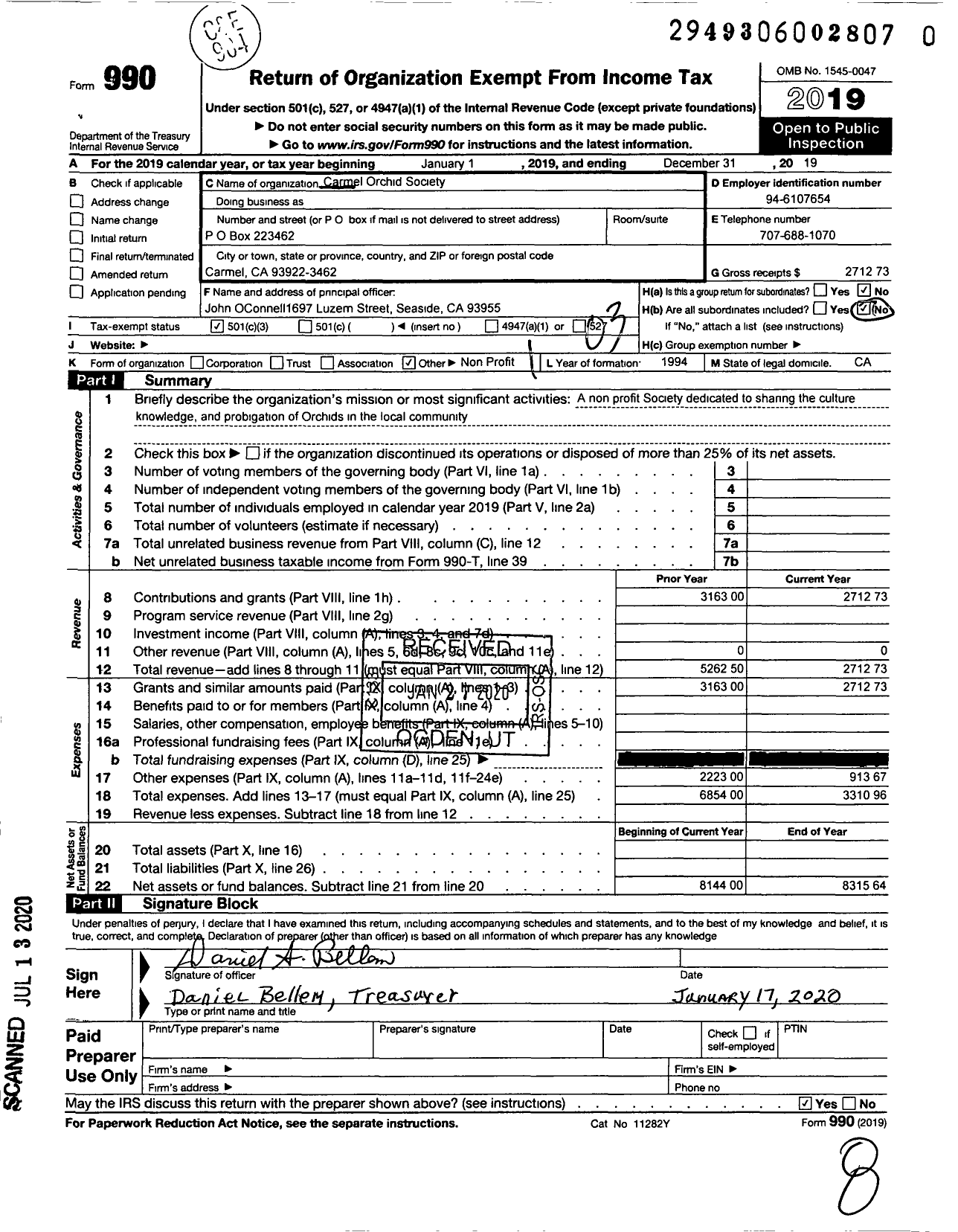 Image of first page of 2019 Form 990 for Carmel Orchid Society