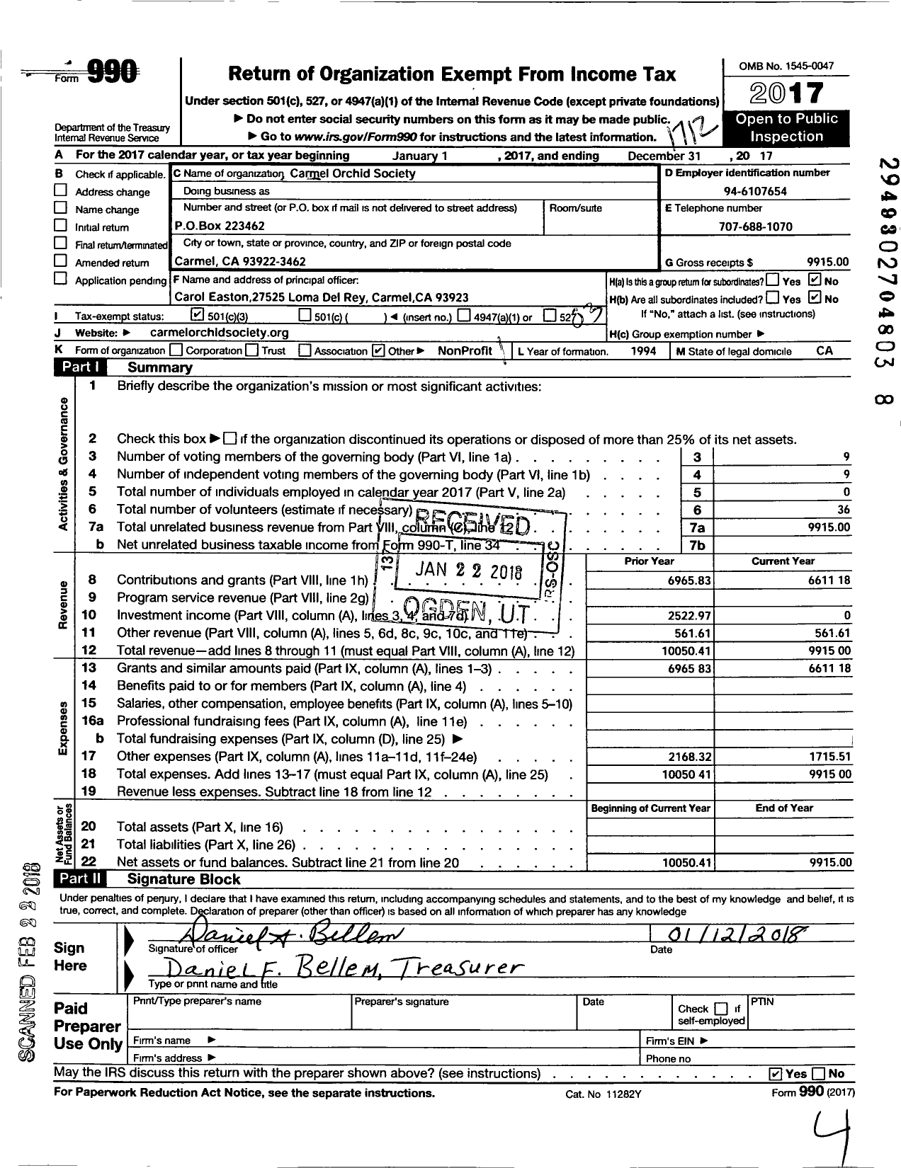 Image of first page of 2017 Form 990 for Carmel Orchid Society