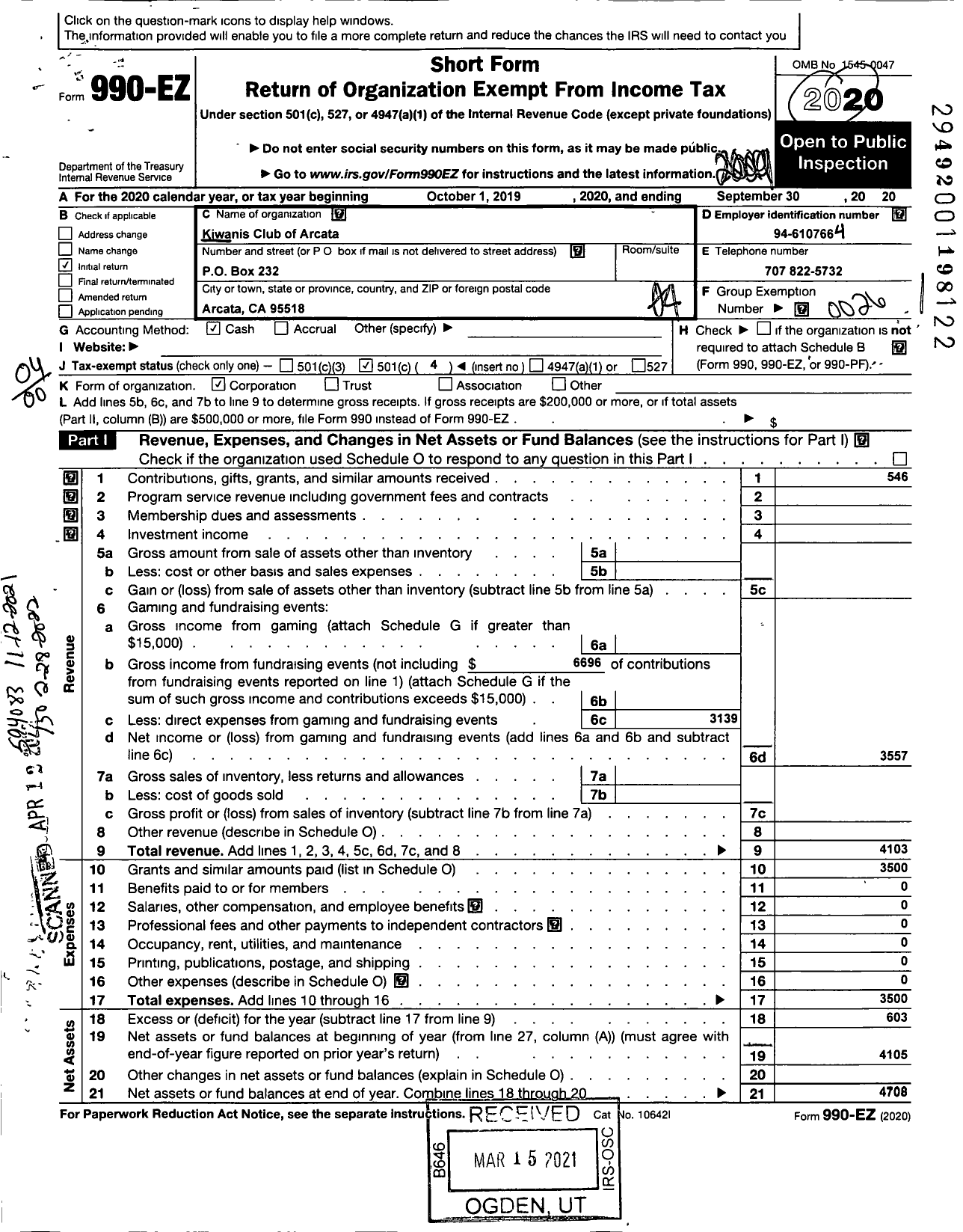 Image of first page of 2019 Form 990EO for Kiwanis International - K01656 Arcata