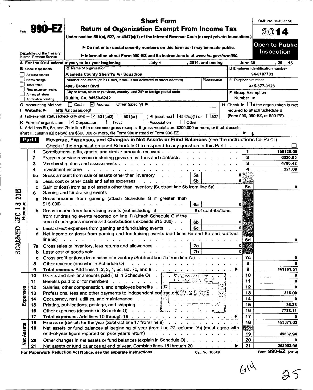 Image of first page of 2014 Form 990EZ for Alameda County Sherrifs Air Squadron