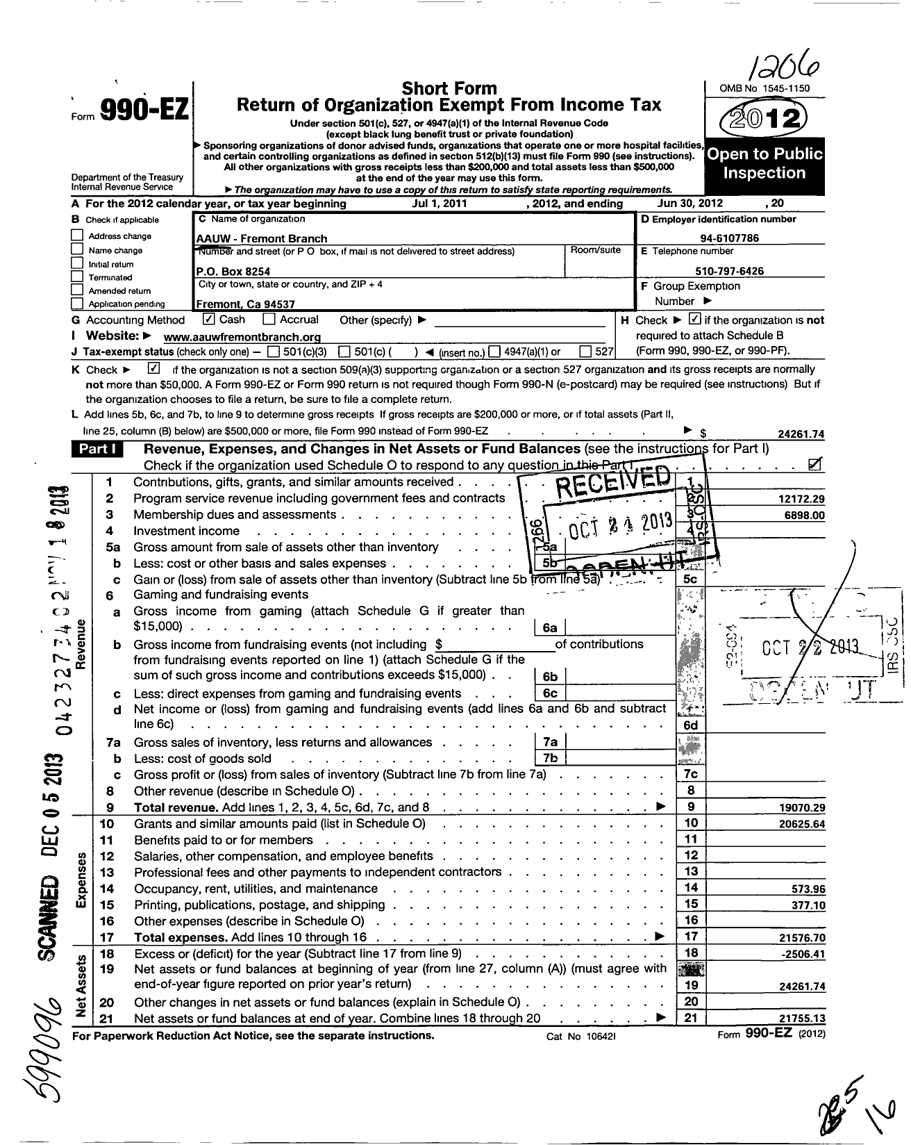 Image of first page of 2011 Form 990EO for American Association of University Women / Fremont