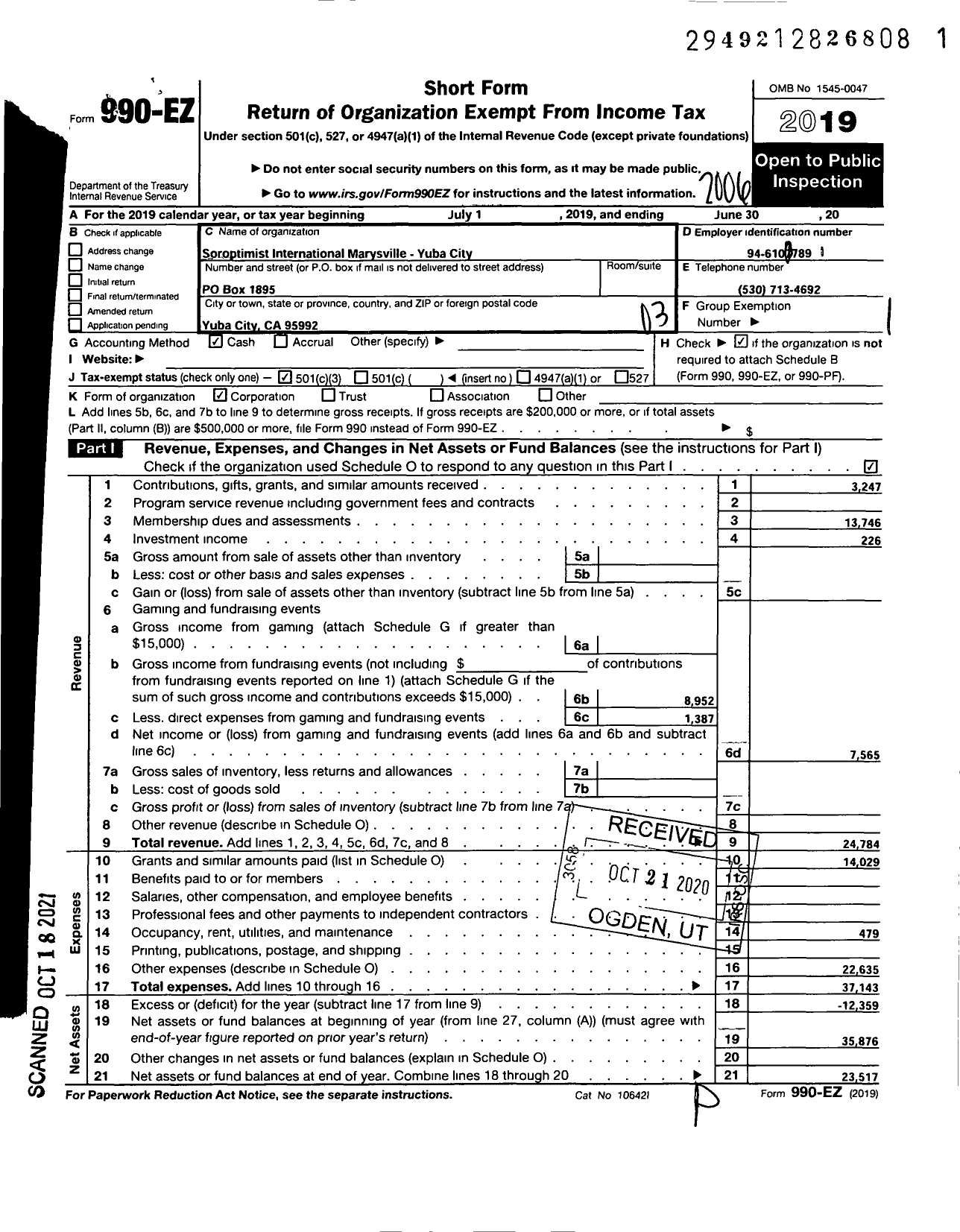 Image of first page of 2019 Form 990EZ for Soroptimist International of the Americas - 116705 Marysville-Yuba City Ca