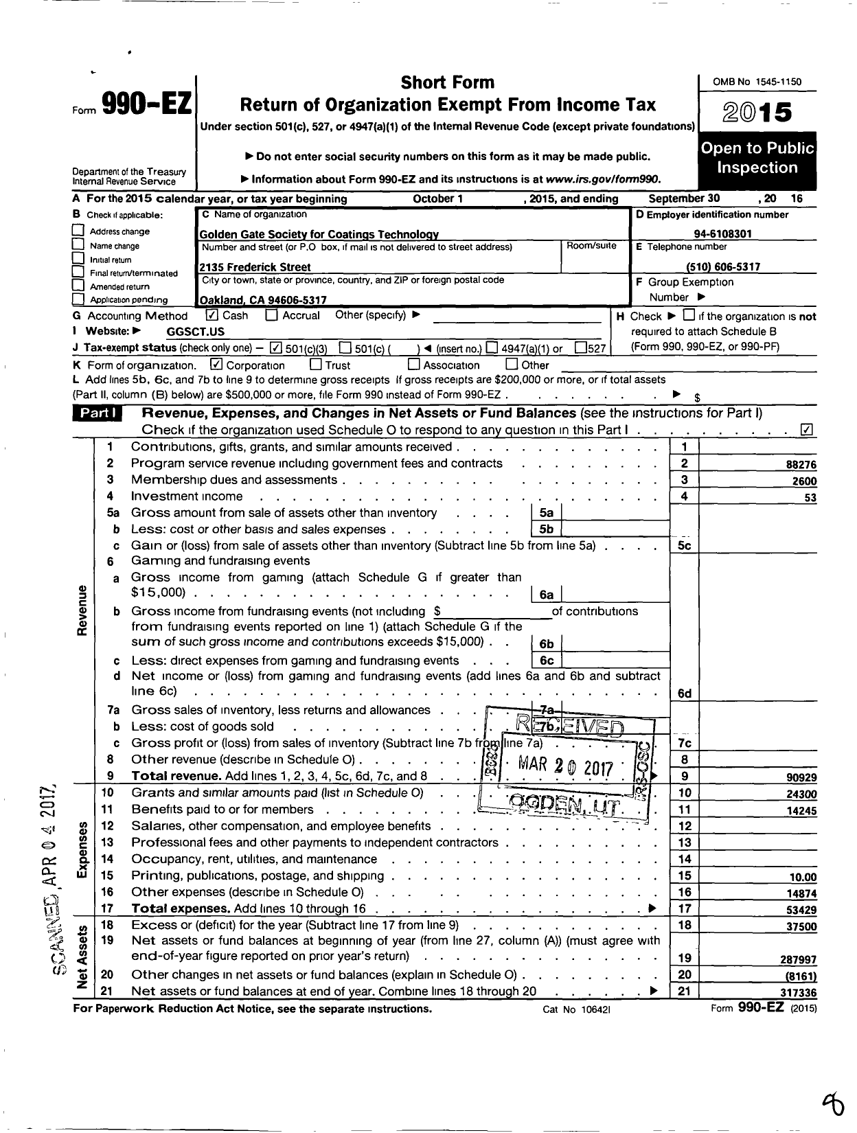 Image of first page of 2015 Form 990EZ for Golden Gate Society for Coatings Technology