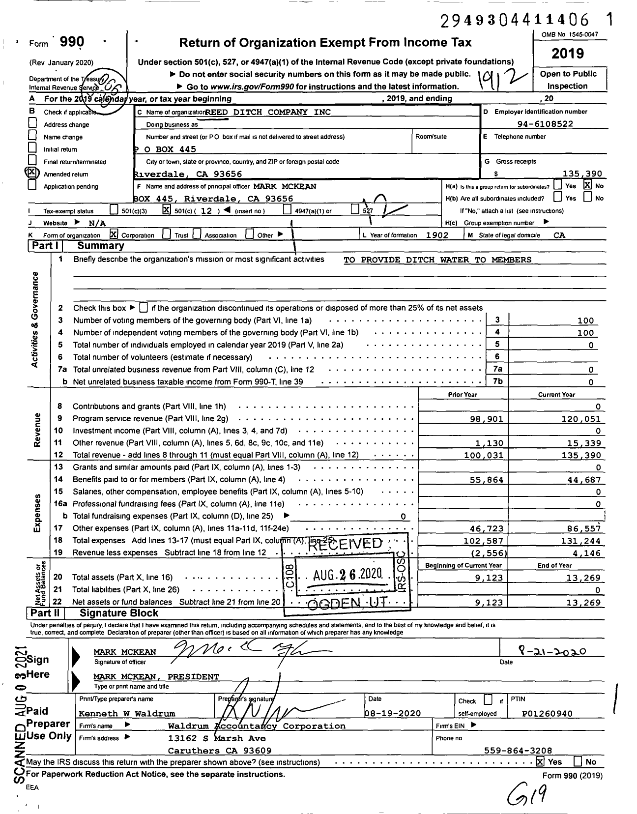 Image of first page of 2019 Form 990O for Reed Ditch Company