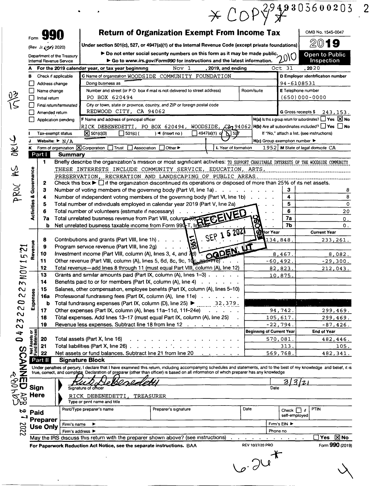 Image of first page of 2019 Form 990 for Woodside Community Foundation