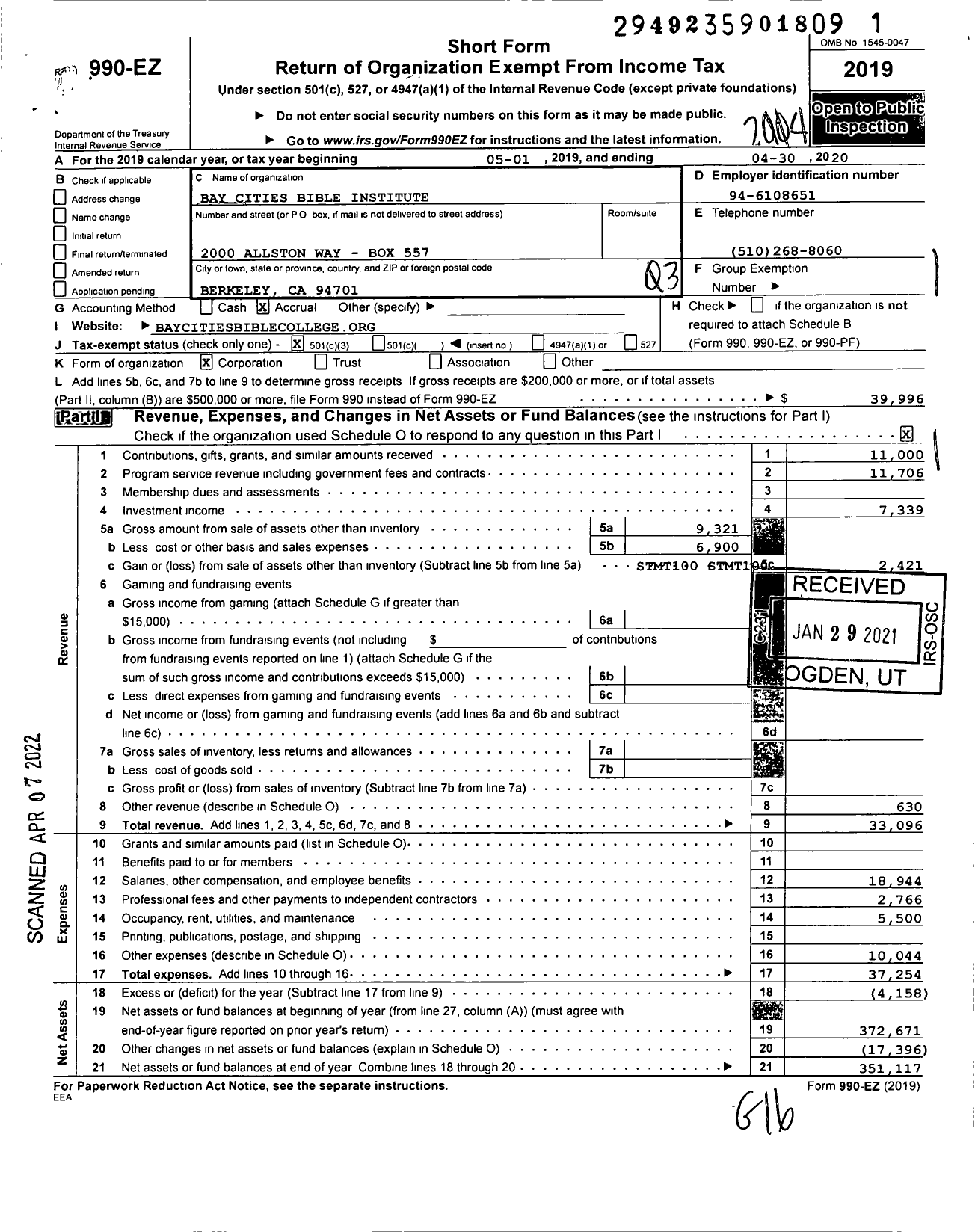 Image of first page of 2019 Form 990EZ for Bay Cities Bible Institute