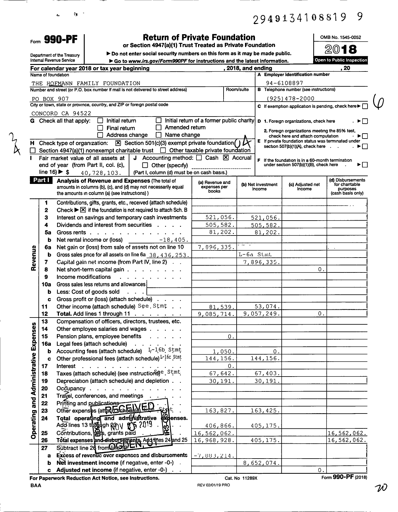 Image of first page of 2018 Form 990PF for The Hofmann Family Foundation
