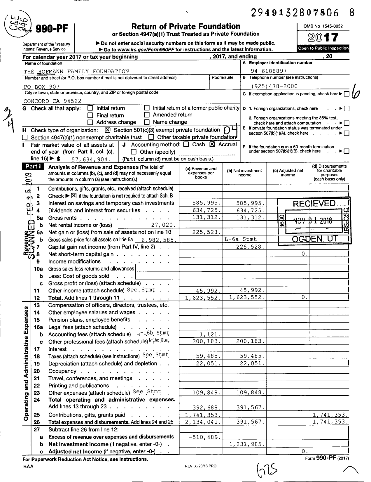 Image of first page of 2017 Form 990PF for The Hofmann Family Foundation