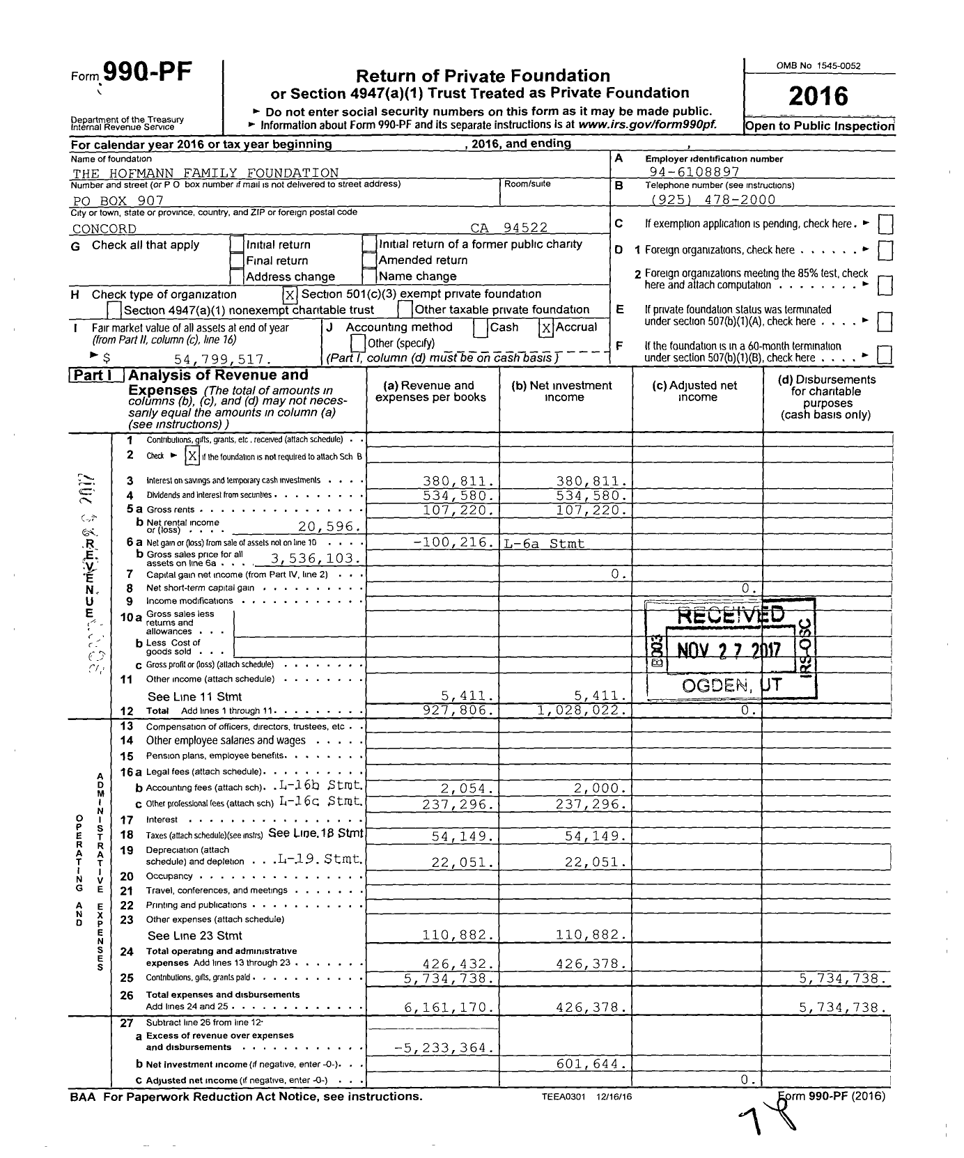 Image of first page of 2016 Form 990PF for The Hofmann Family Foundation