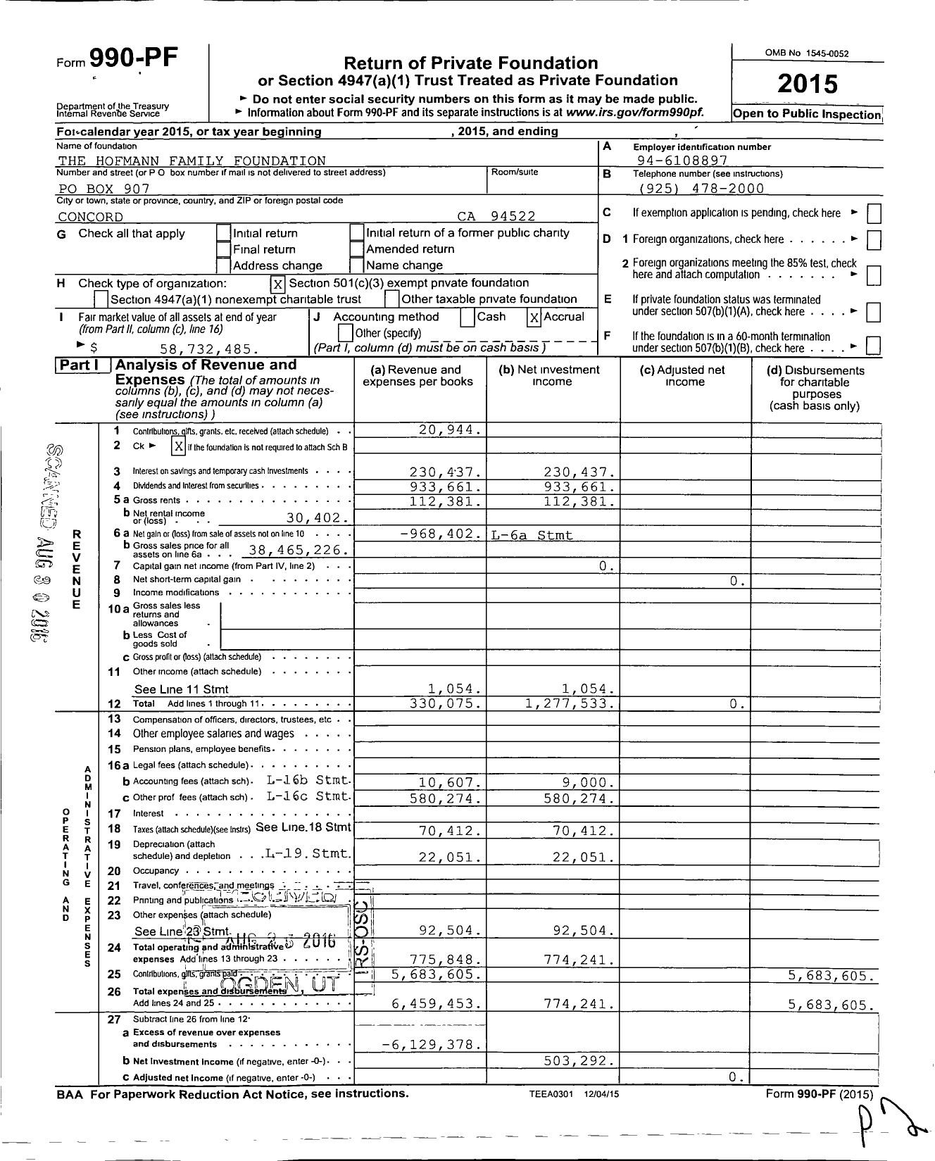 Image of first page of 2015 Form 990PF for The Hofmann Family Foundation