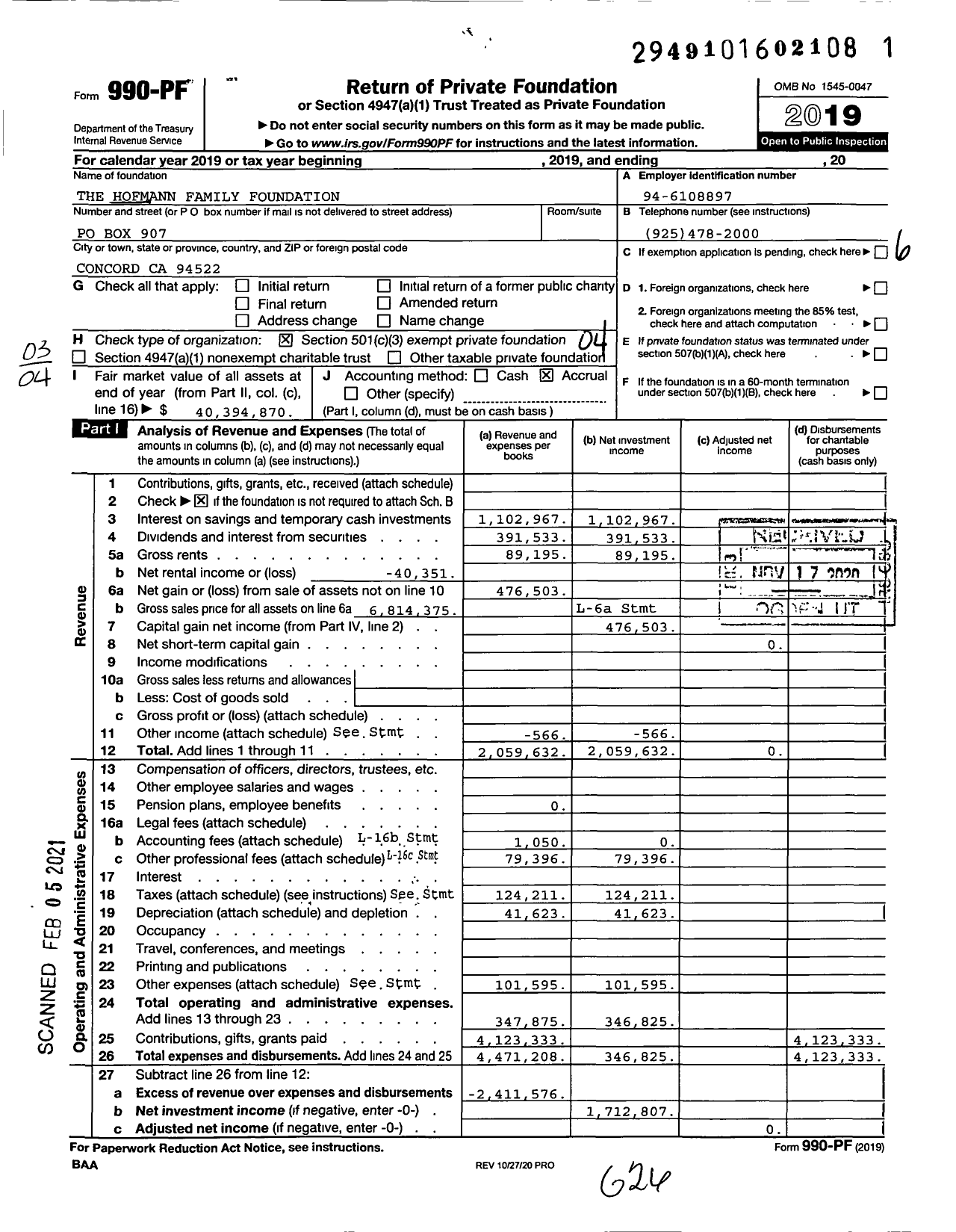 Image of first page of 2019 Form 990PF for The Hofmann Family Foundation