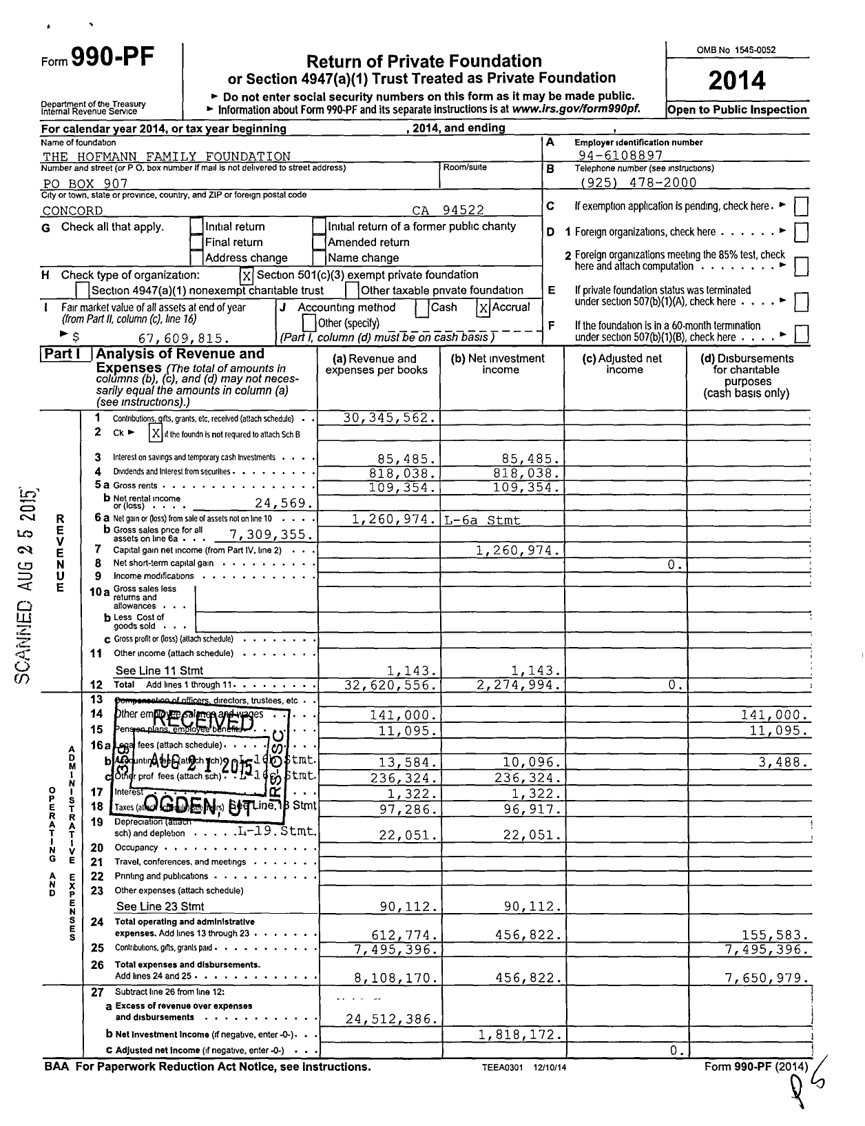 Image of first page of 2014 Form 990PF for The Hofmann Family Foundation