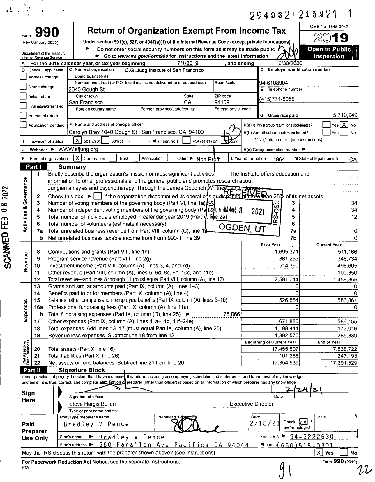 Image of first page of 2019 Form 990 for CG Jung Institute of San Francisco