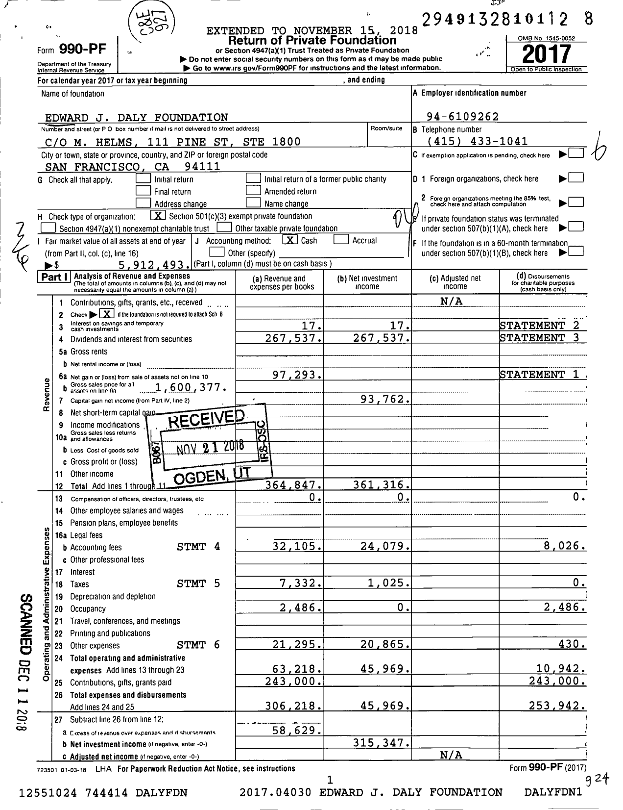 Image of first page of 2017 Form 990PF for Edward J Daly Foundation