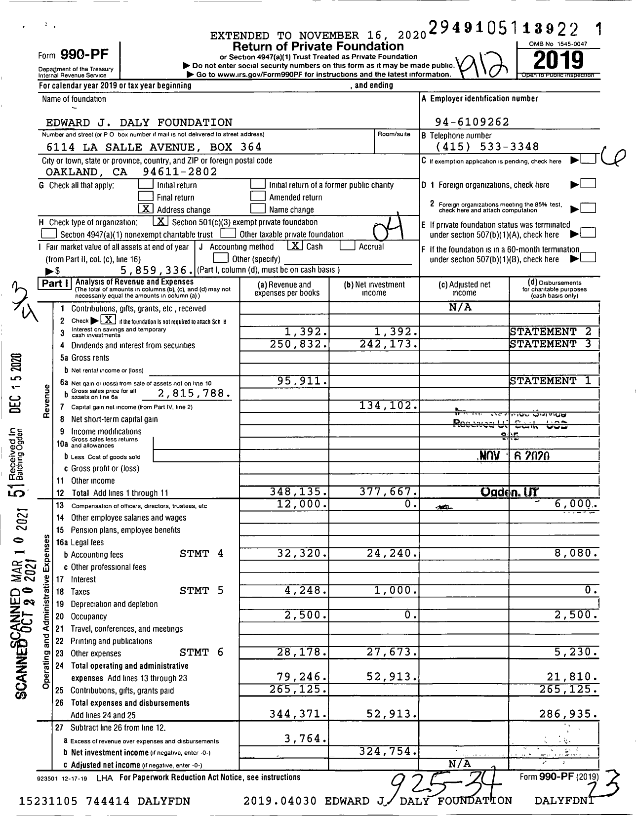 Image of first page of 2019 Form 990PF for Edward J Daly Foundation