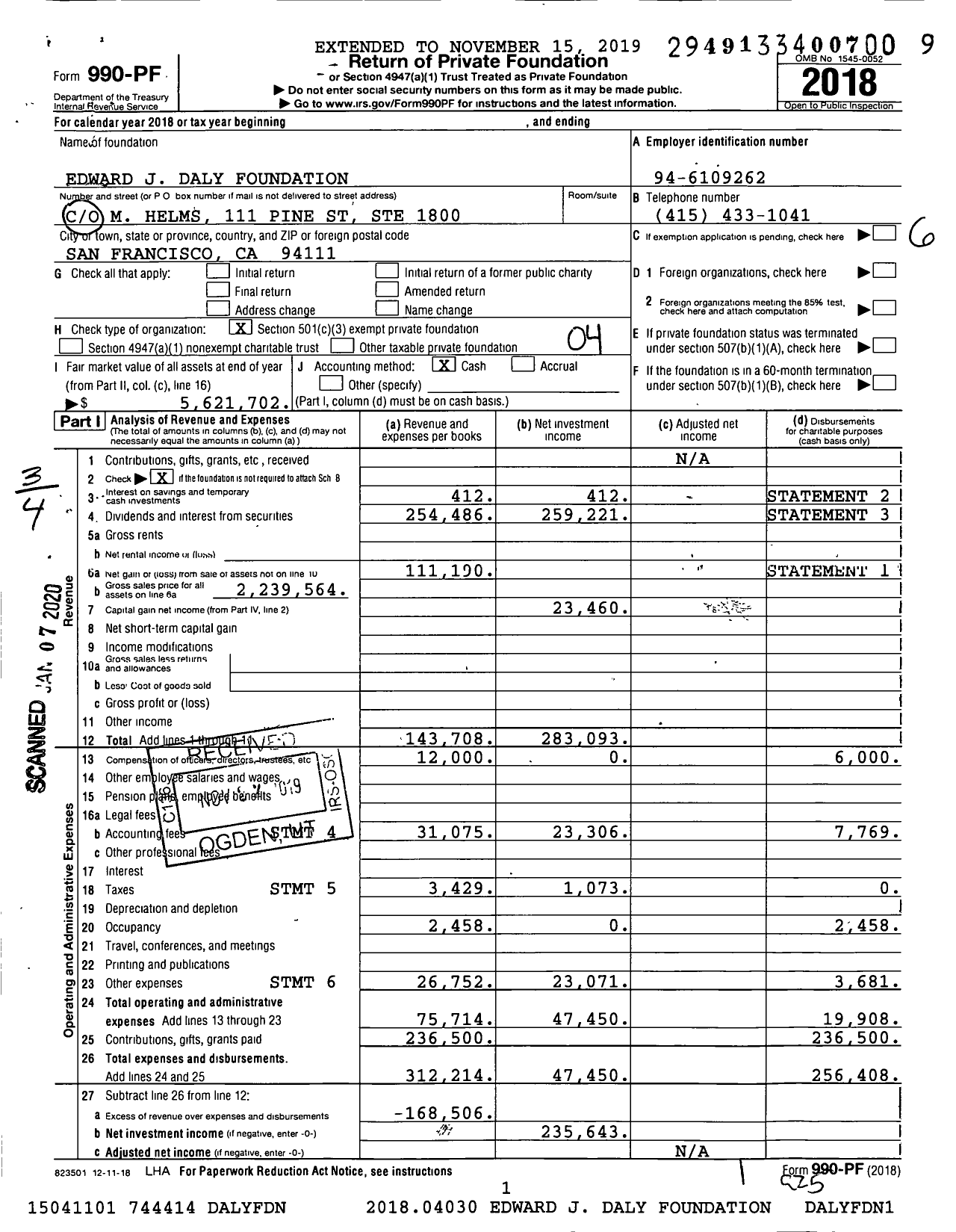 Image of first page of 2018 Form 990PF for Edward J Daly Foundation