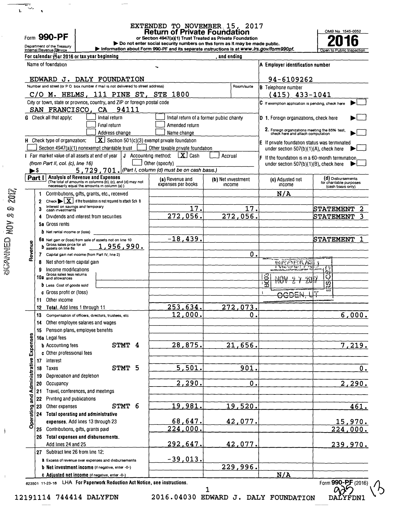 Image of first page of 2016 Form 990PF for Edward J Daly Foundation