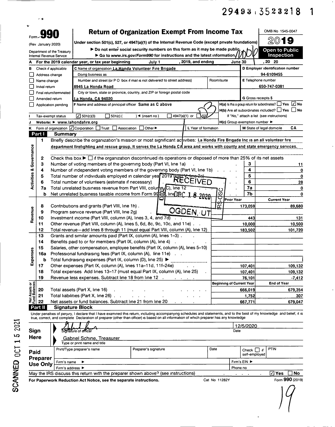 Image of first page of 2019 Form 990 for La Honda Volunteer Fire Brigade