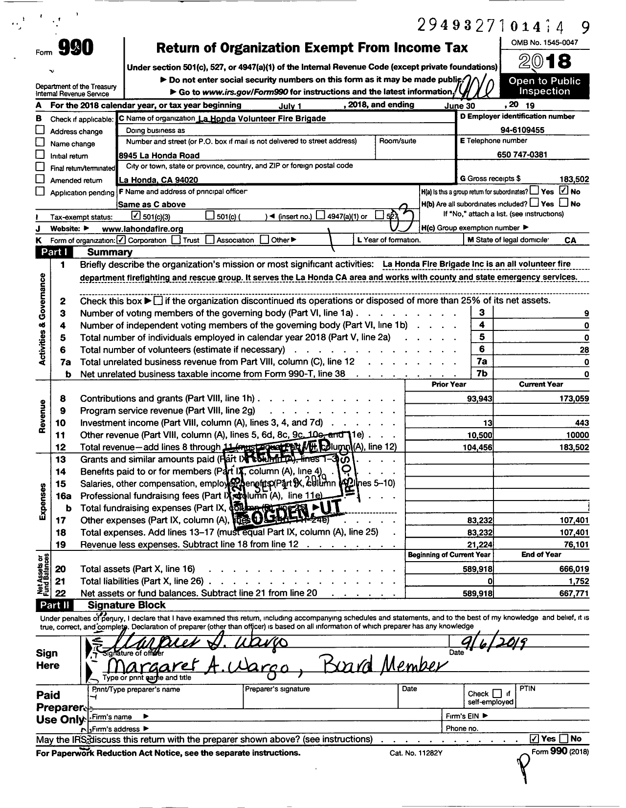 Image of first page of 2018 Form 990 for La Honda Volunteer Fire Brigade