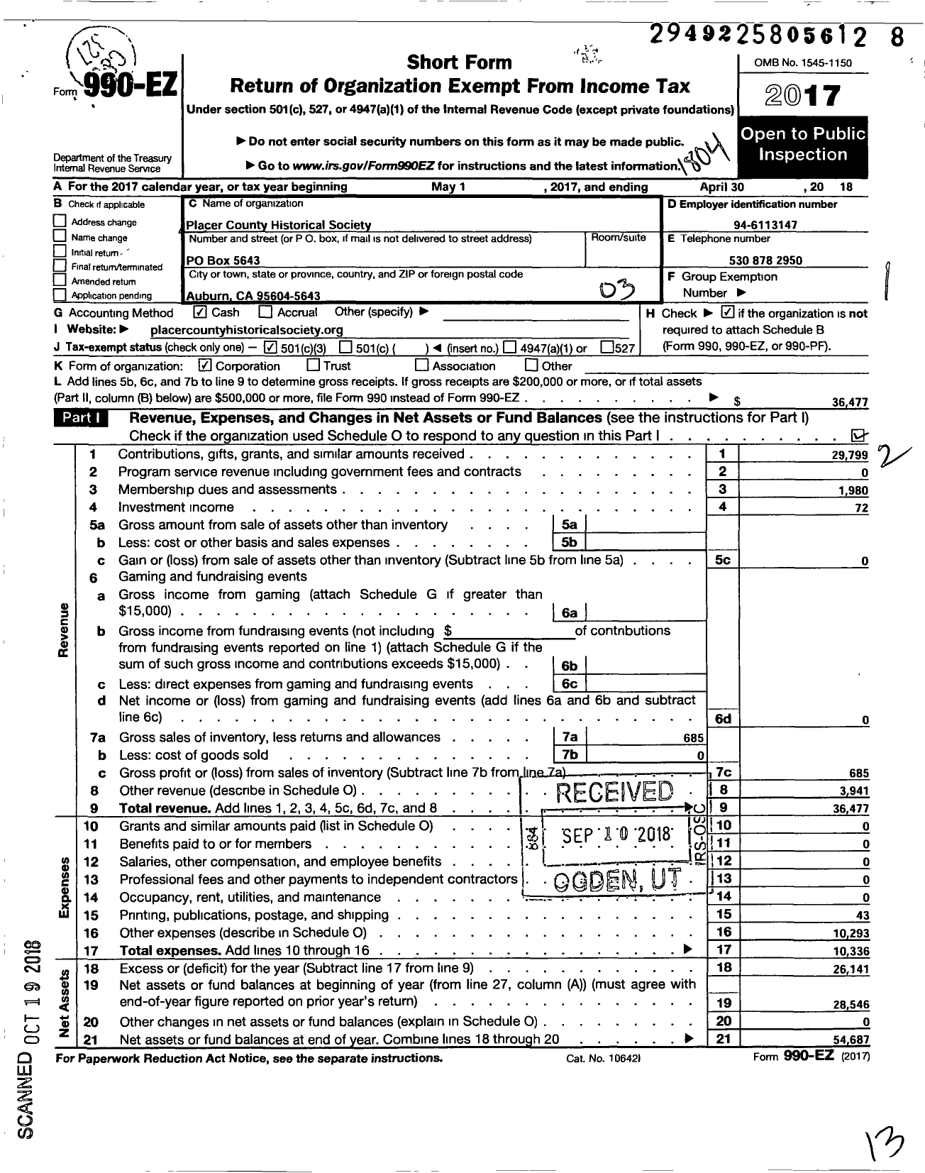 Image of first page of 2017 Form 990EZ for Placer County Historical Society