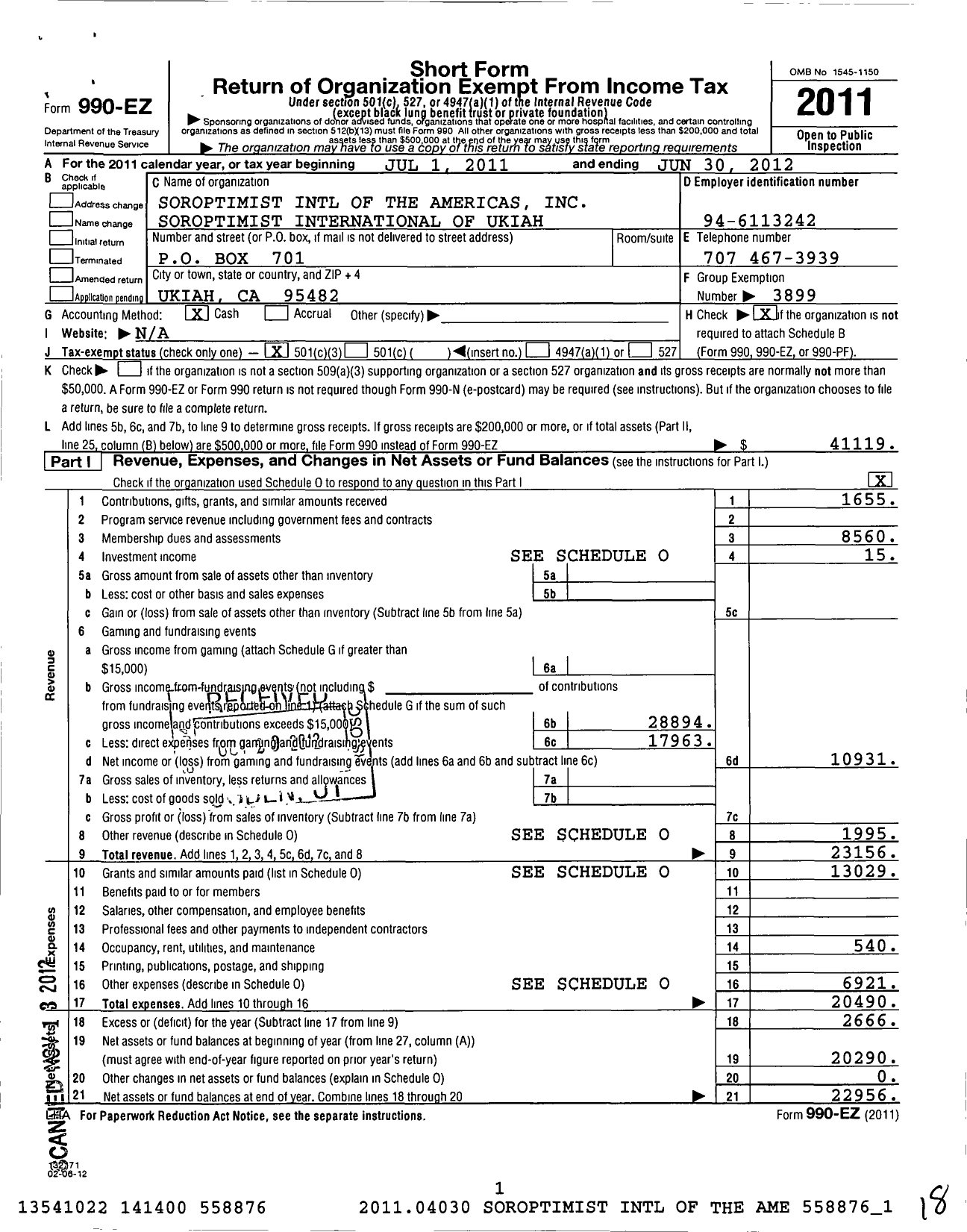 Image of first page of 2011 Form 990EZ for Soroptimist International of the Americas - 115418 Ukiah Ca