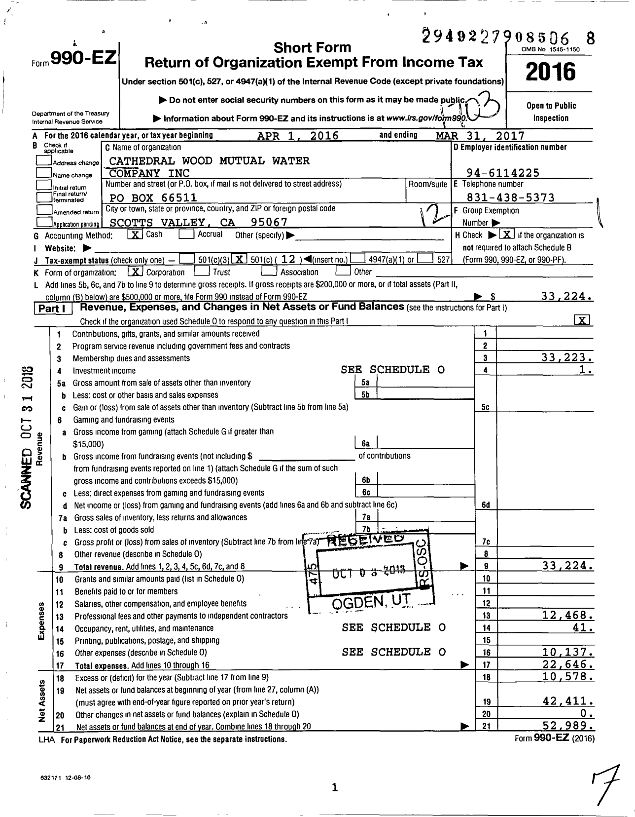 Image of first page of 2016 Form 990EO for Cathedral Wood Mutual Water Company