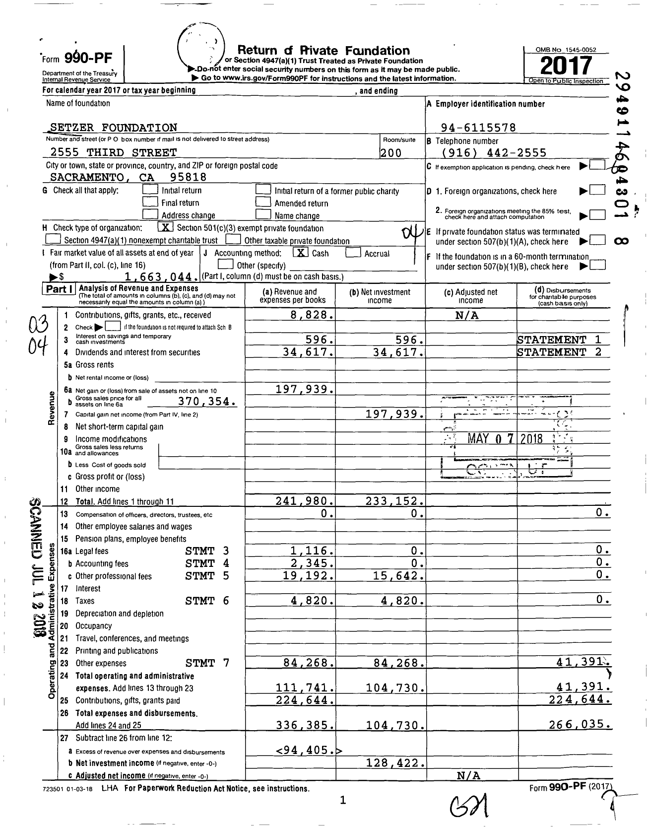 Image of first page of 2017 Form 990PF for Setzer Foundation