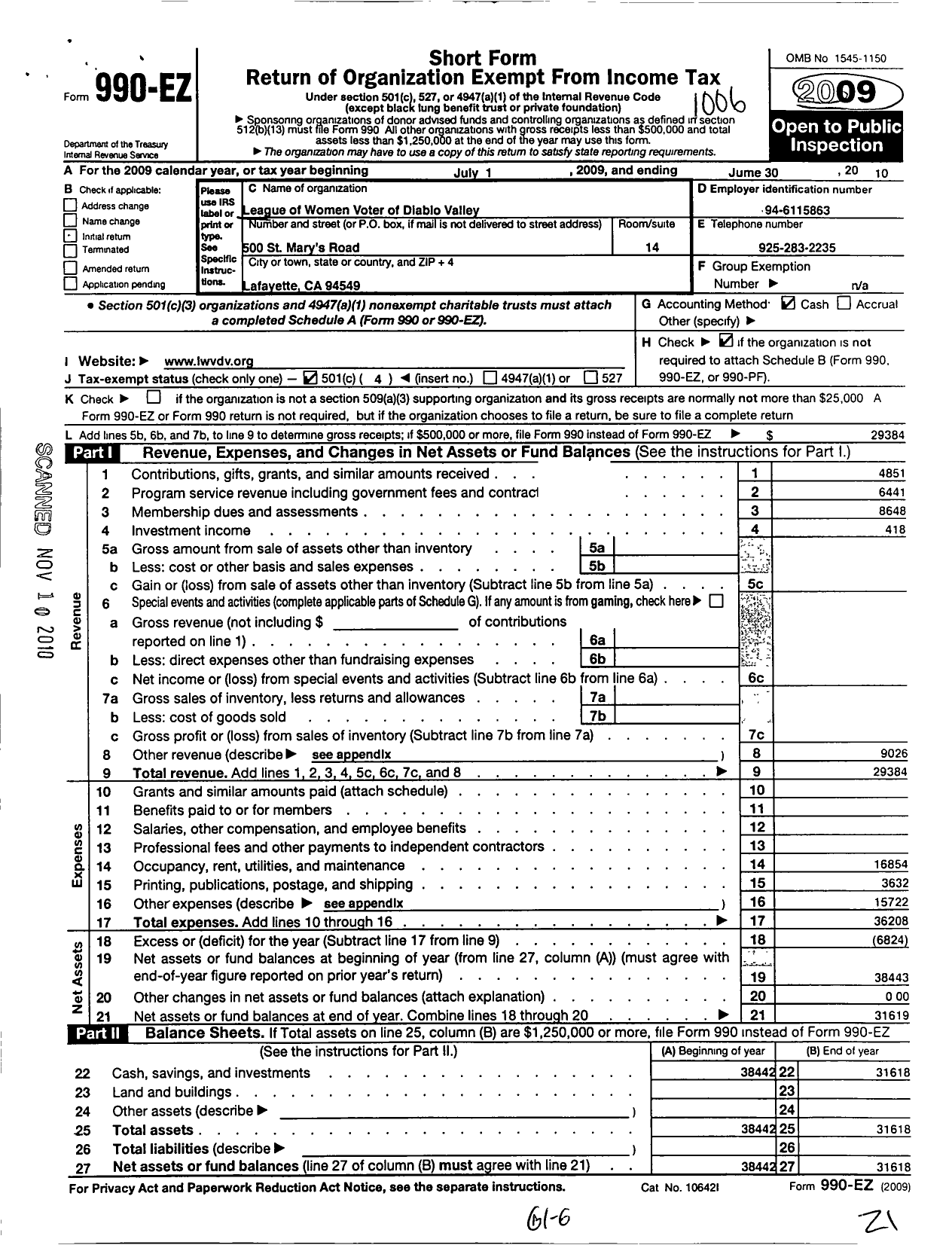 Image of first page of 2009 Form 990EO for League of Women Voters of Diablo Valley