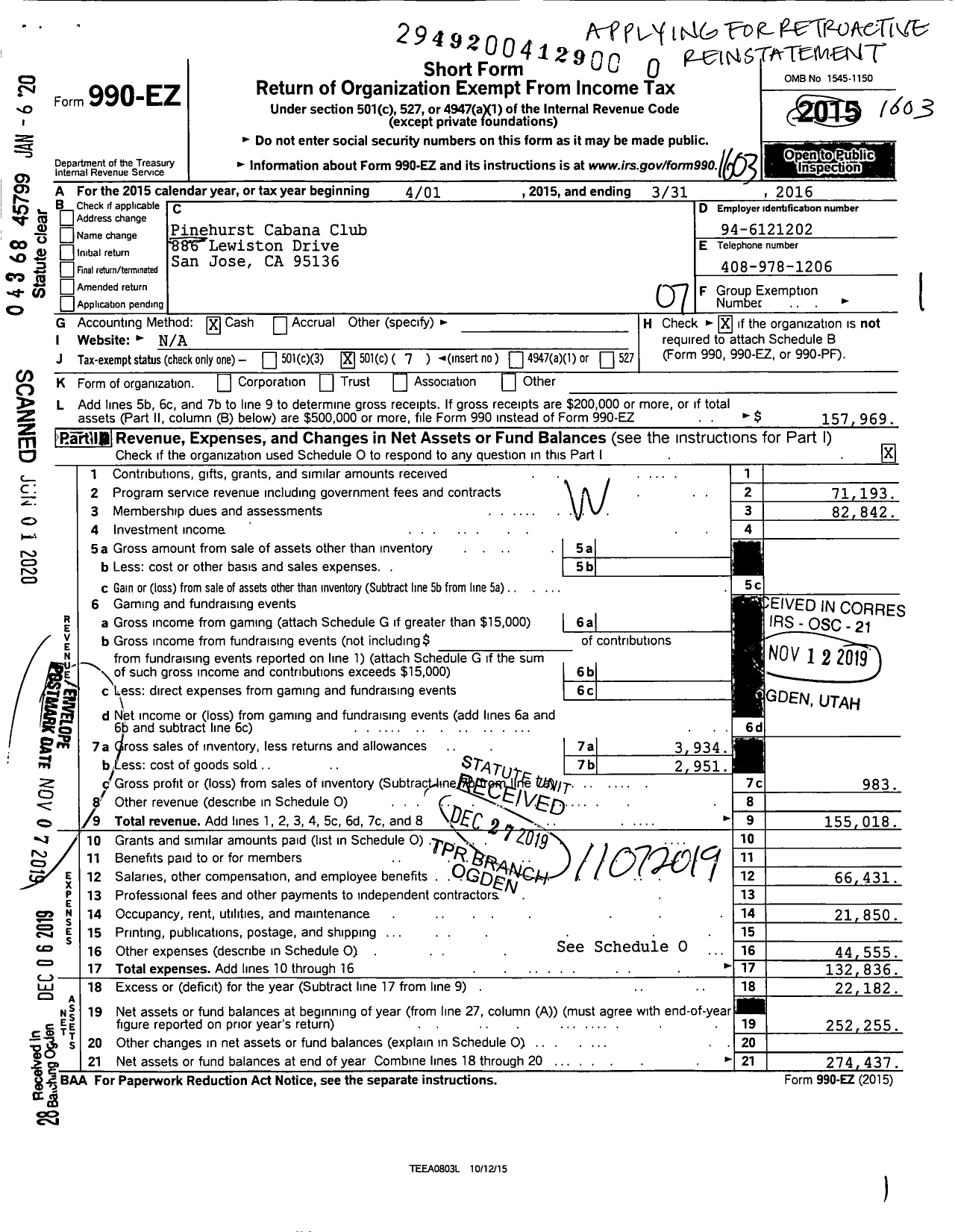 Image of first page of 2015 Form 990EO for Pinehurst Cabana Club