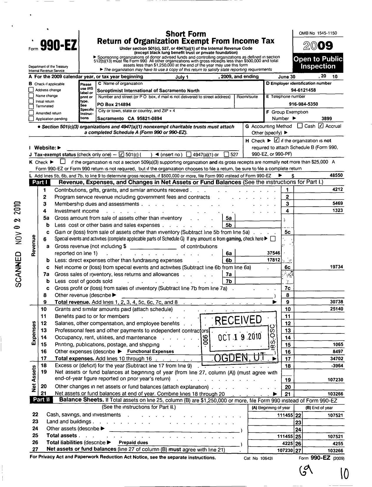 Image of first page of 2009 Form 990EO for Soroptimist International of the Americas - 116405 Sacramento North Ca