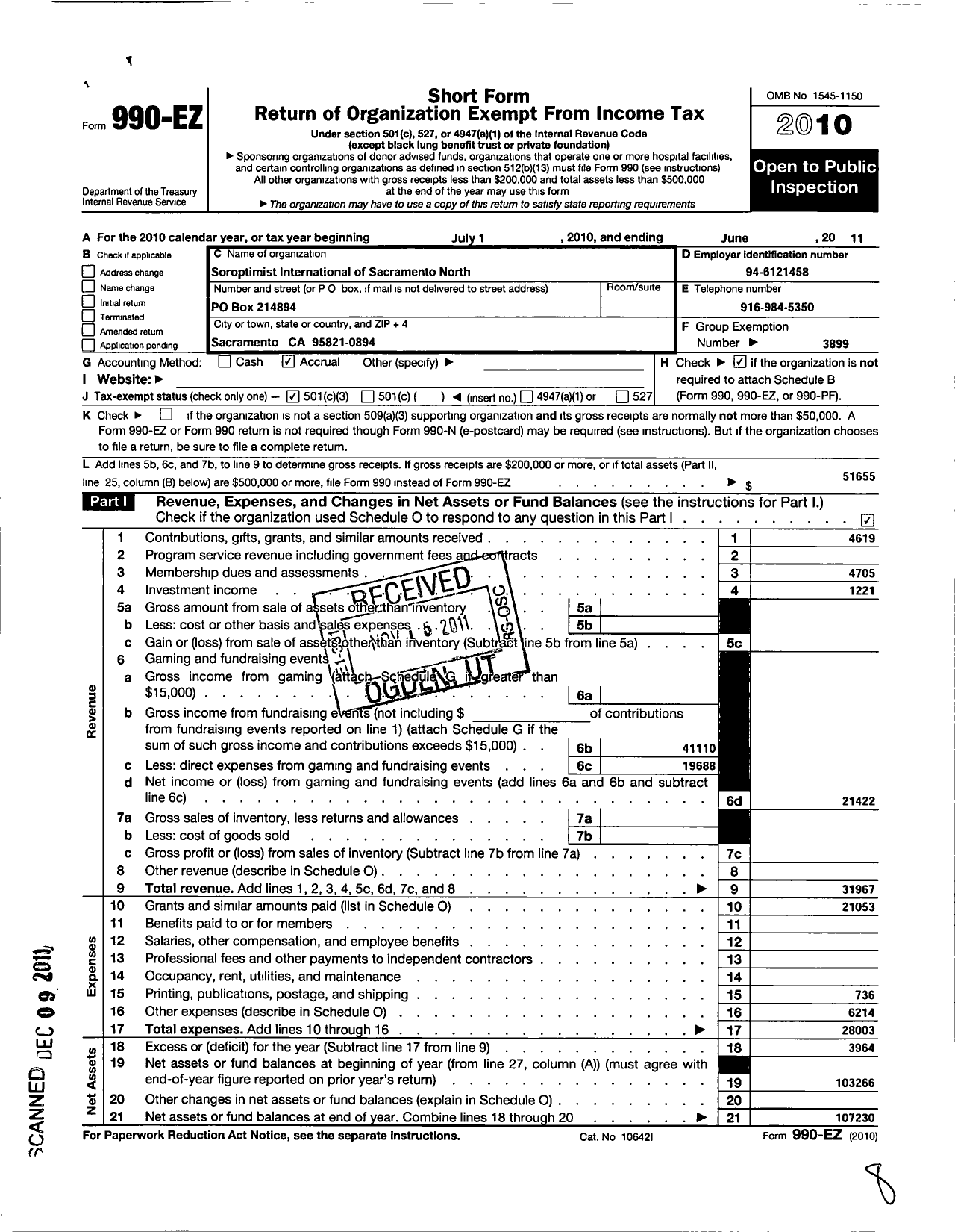 Image of first page of 2010 Form 990EZ for Soroptimist International of the Americas - 116405 Sacramento North Ca