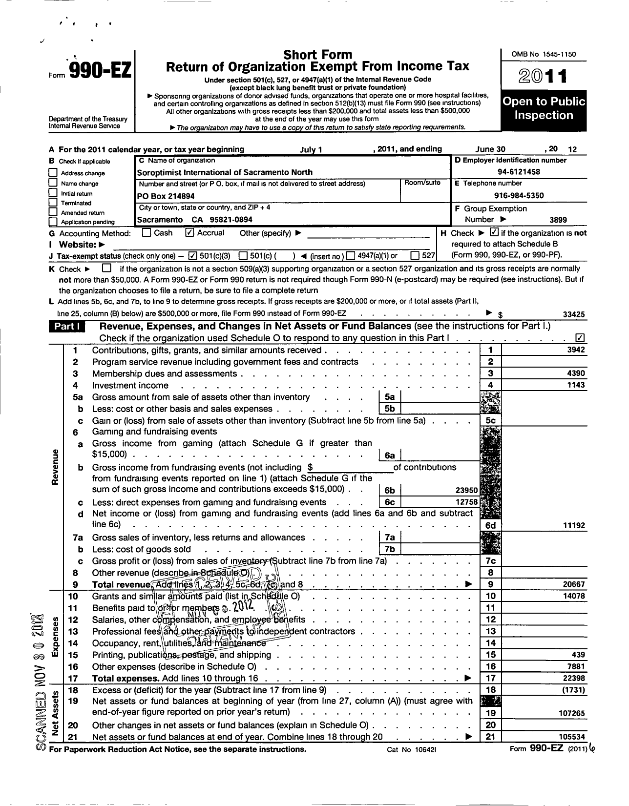 Image of first page of 2011 Form 990EZ for Soroptimist International of the Americas - 116405 Sacramento North Ca