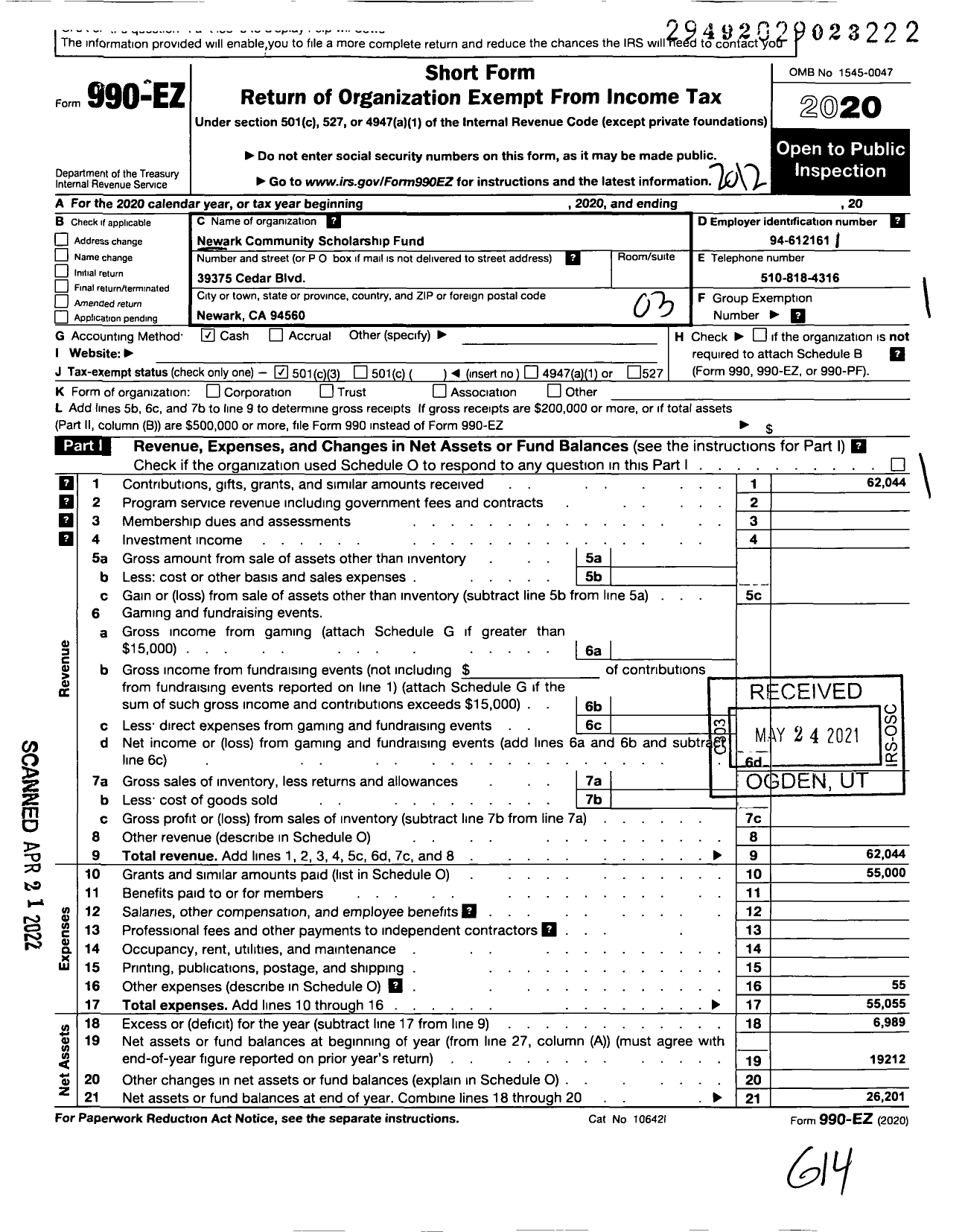 Image of first page of 2020 Form 990EZ for Newark Community Scholarship Fund