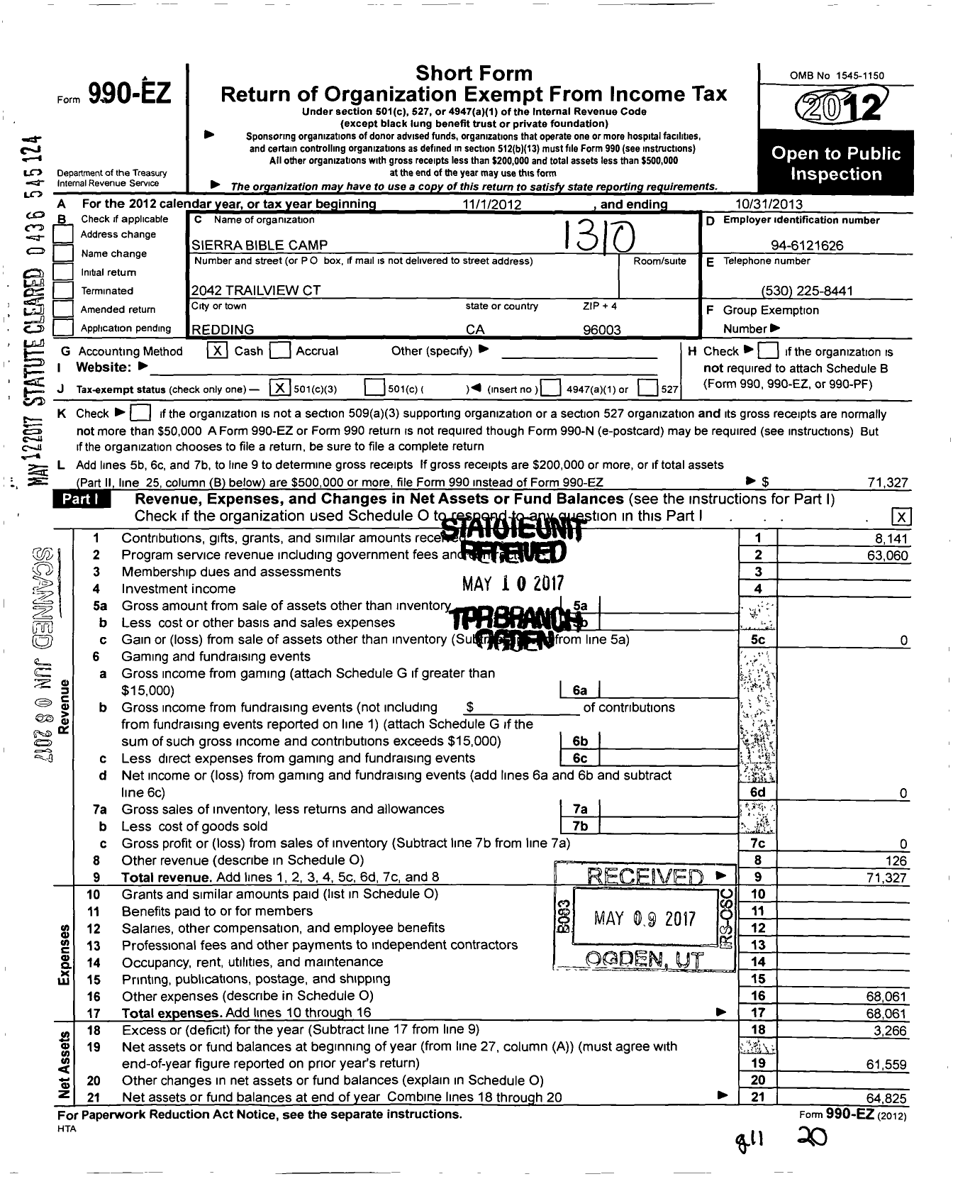 Image of first page of 2012 Form 990EZ for Sierra Bible Camp