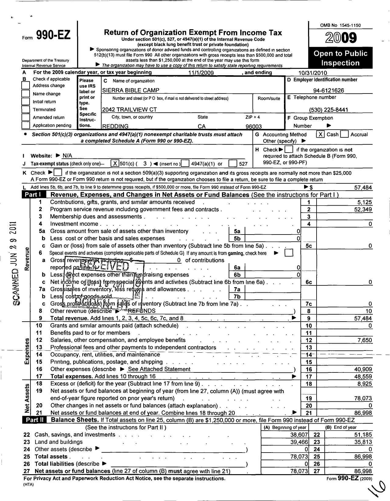 Image of first page of 2009 Form 990EZ for Sierra Bible Camp