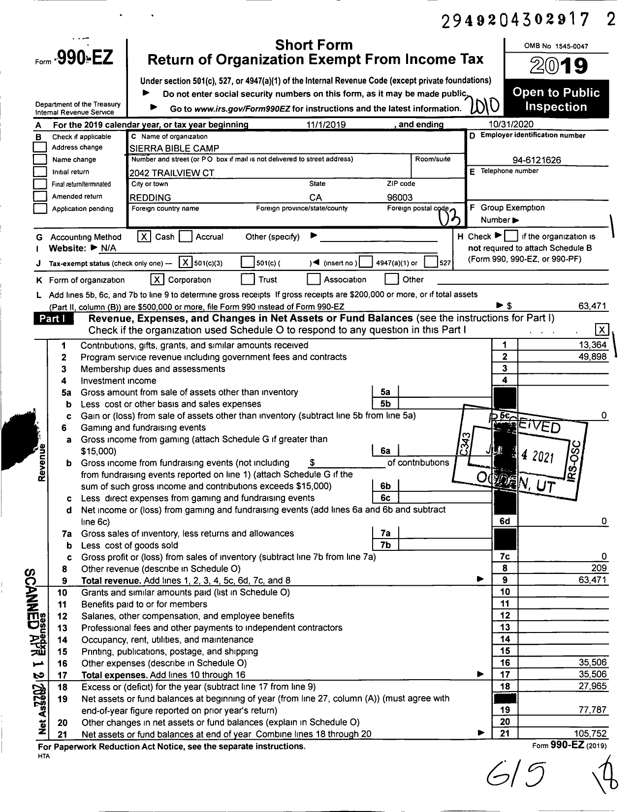 Image of first page of 2019 Form 990EZ for Sierra Bible Camp