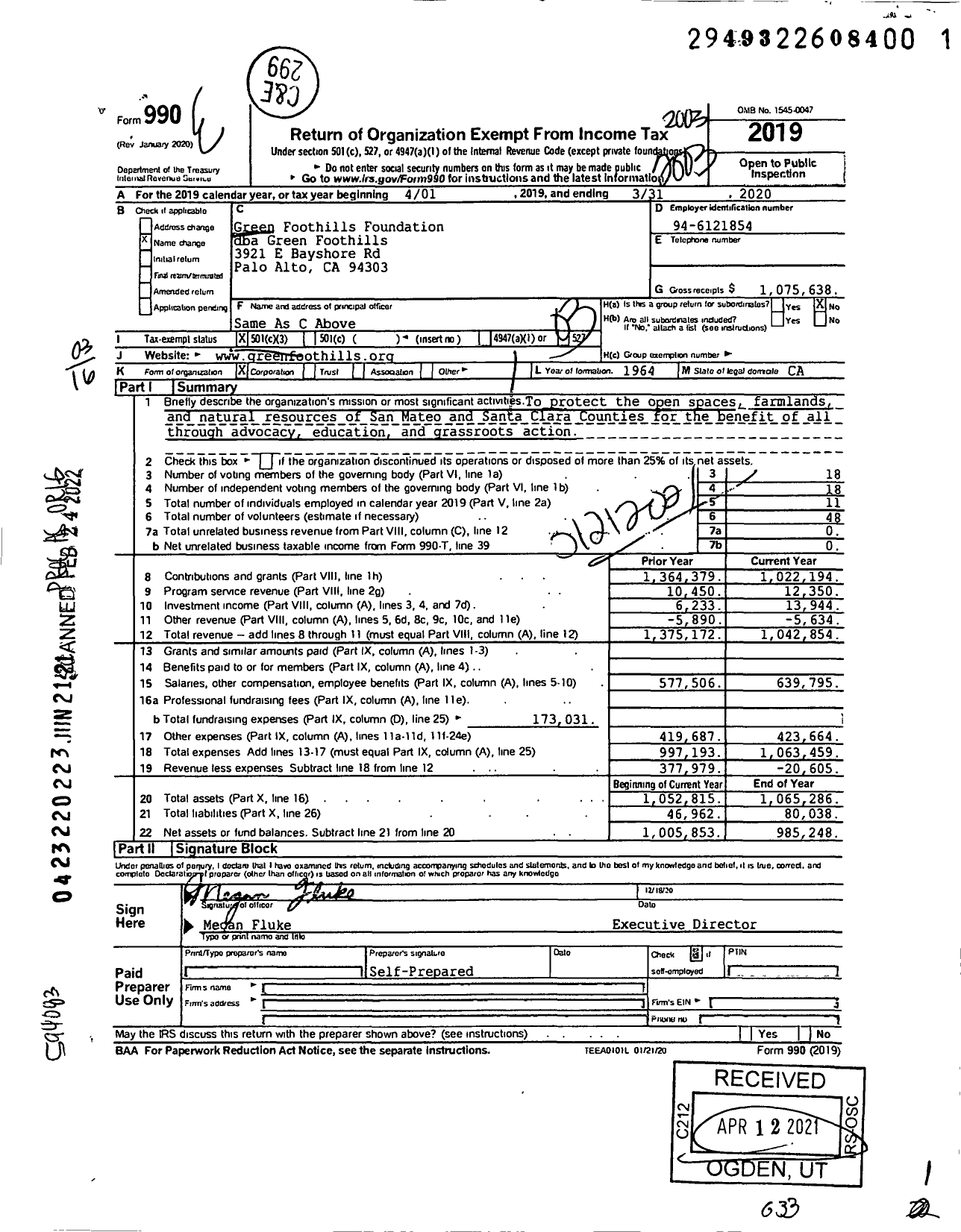 Image of first page of 2019 Form 990 for Green Foothills