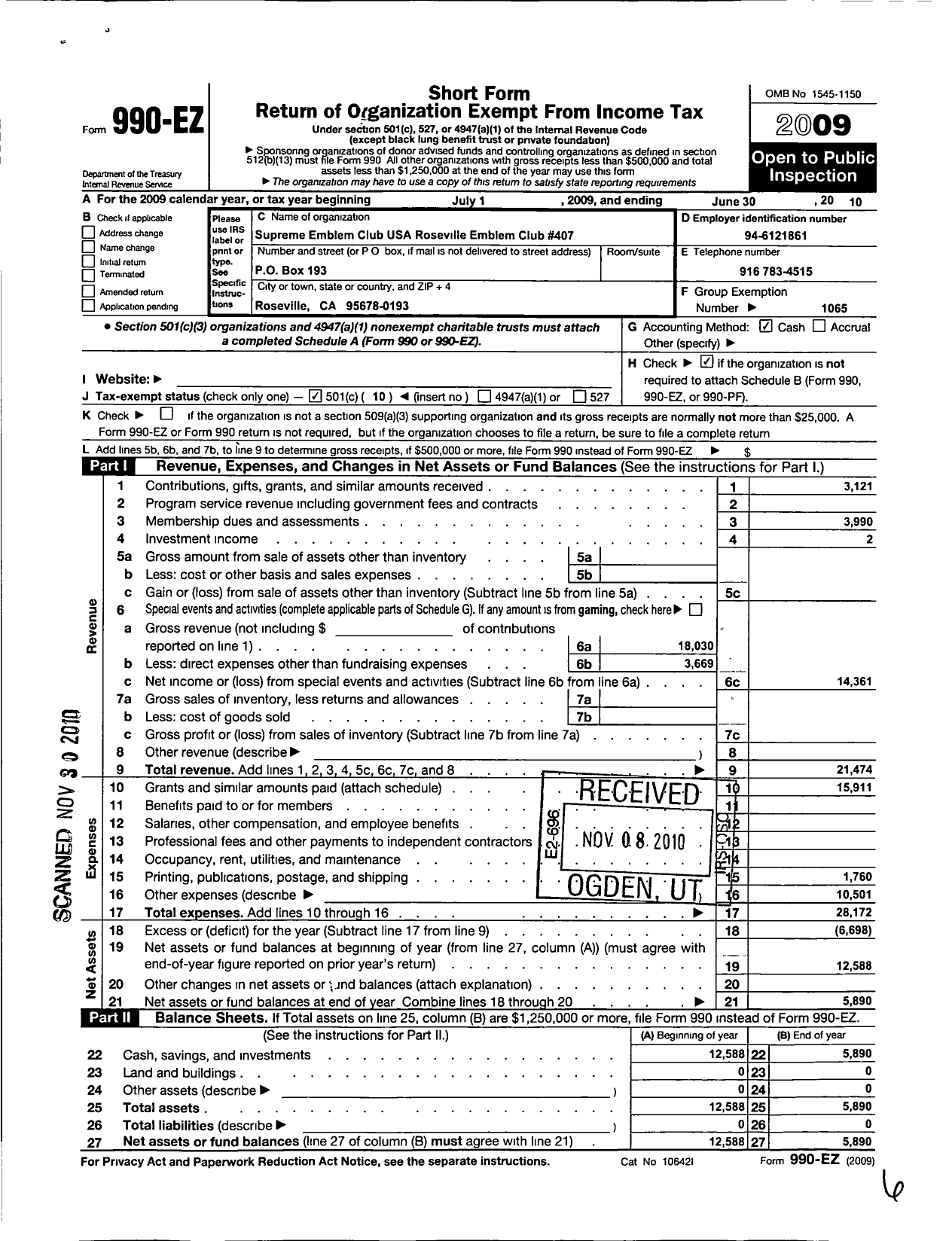 Image of first page of 2009 Form 990EO for Supreme Emblem Club of the United States of America - 407 Roseville Emblem Club