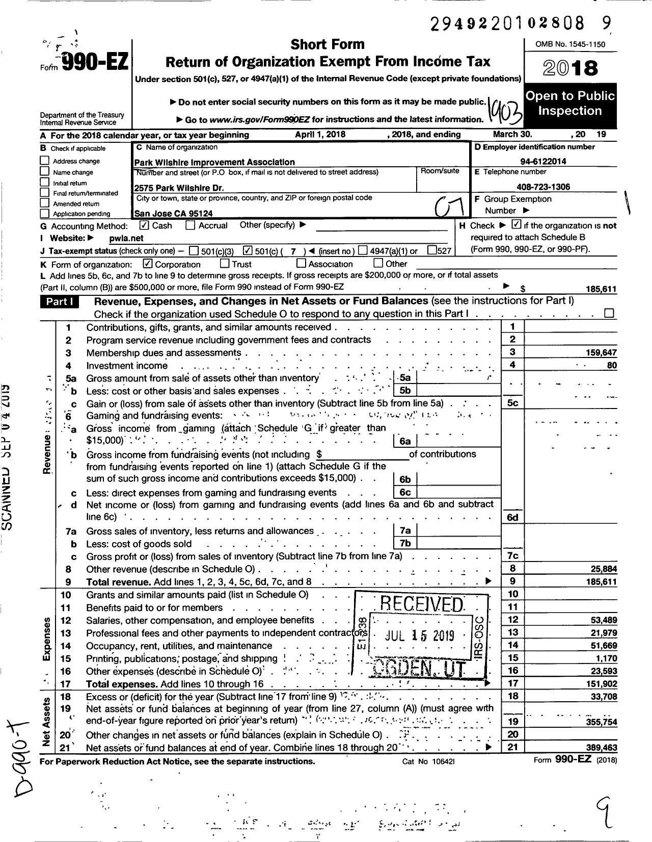 Image of first page of 2018 Form 990EO for Park Wilshire Improvement Association