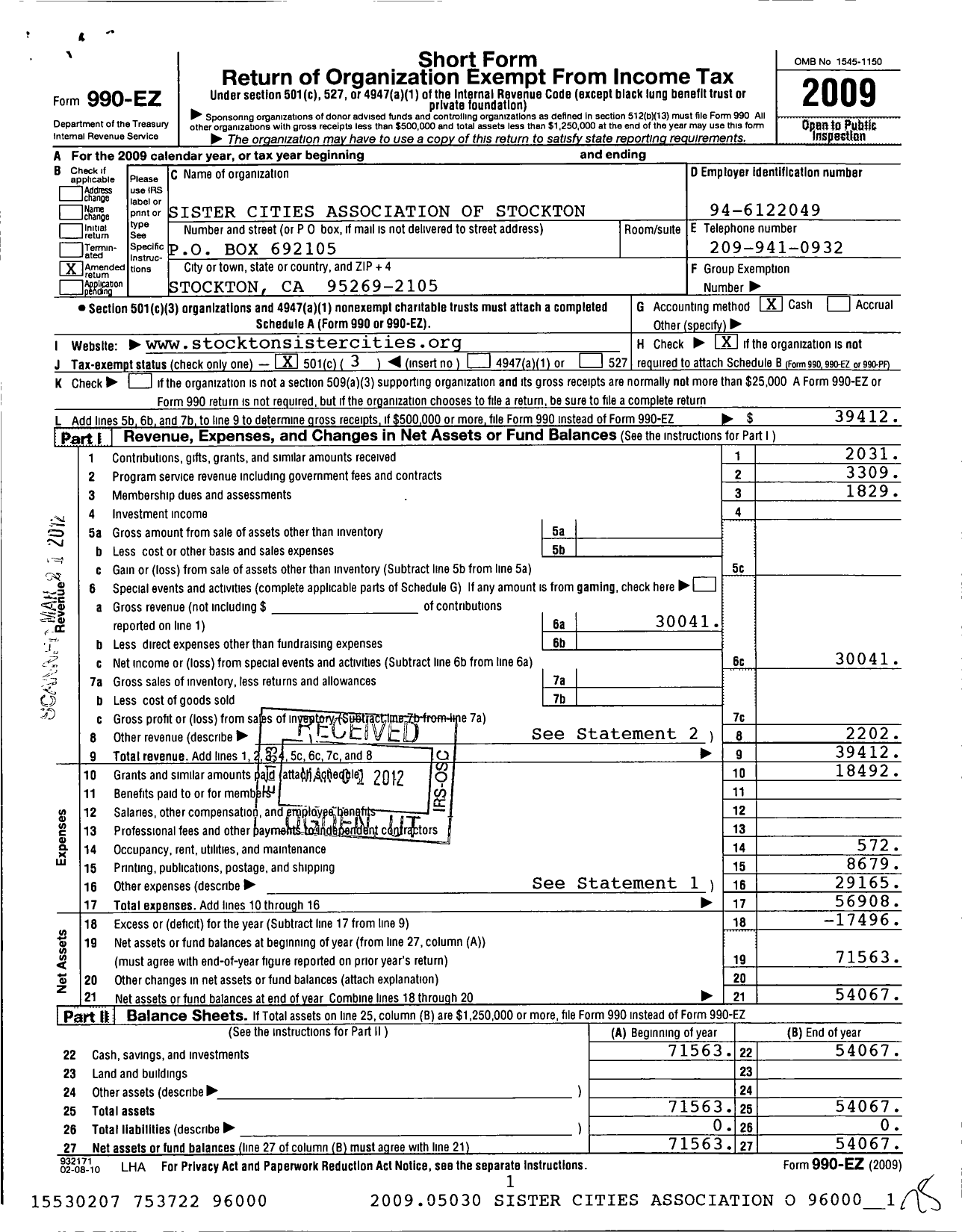 Image of first page of 2009 Form 990EZ for Sister Cities Association of Stockton