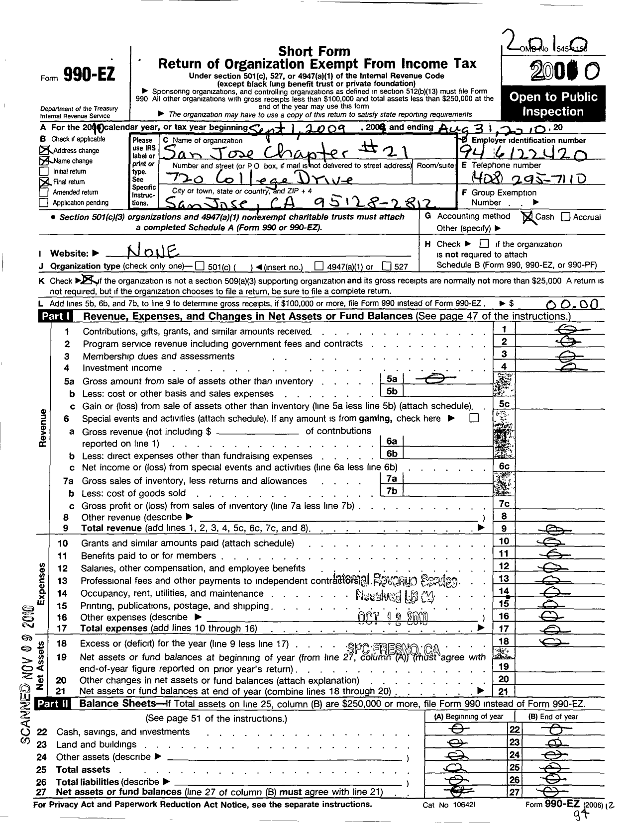 Image of first page of 2009 Form 990EO for 700 Bowling Clubs of America - 21 San Jose Chapter