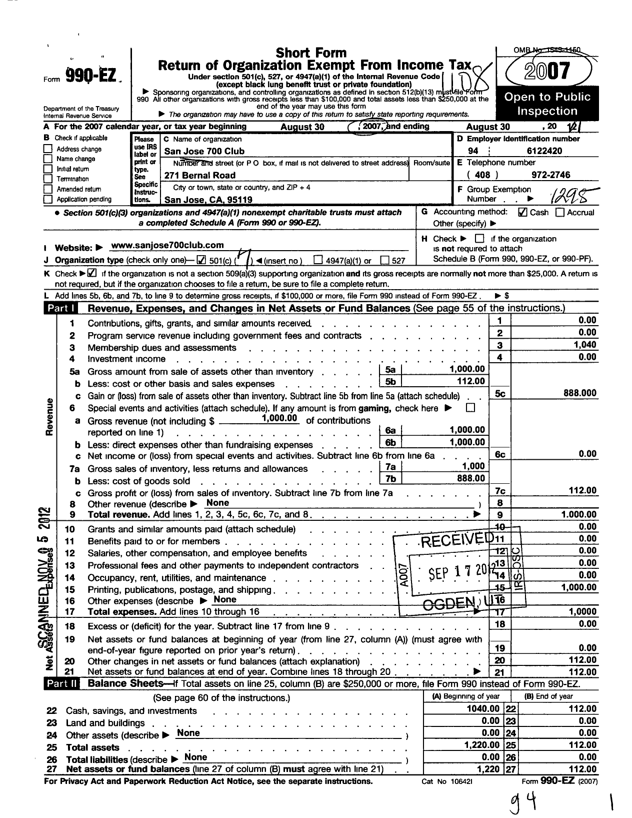 Image of first page of 2010 Form 990EO for 700 Bowling Clubs of America - 21 San Jose Chapter