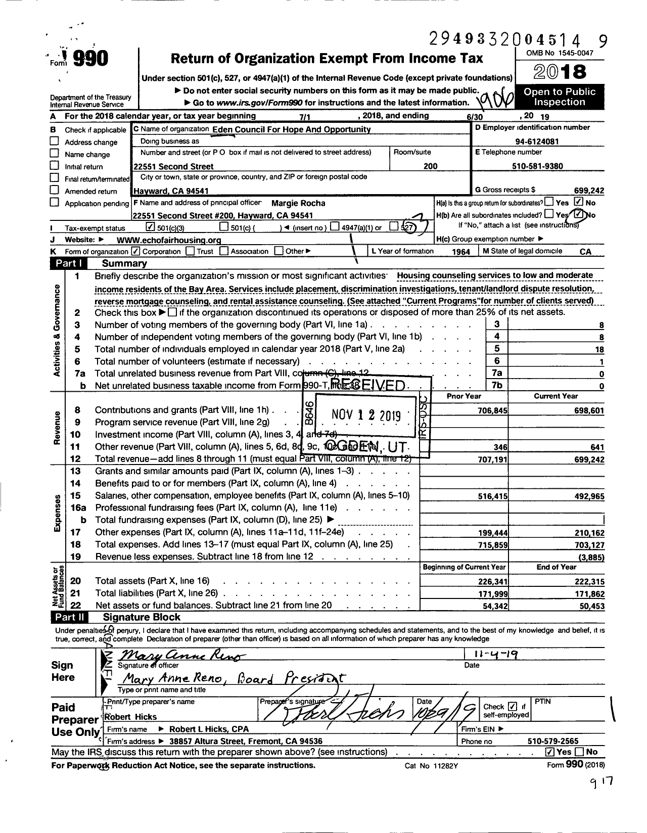 Image of first page of 2018 Form 990 for Eden Council for Hope and Opportunity