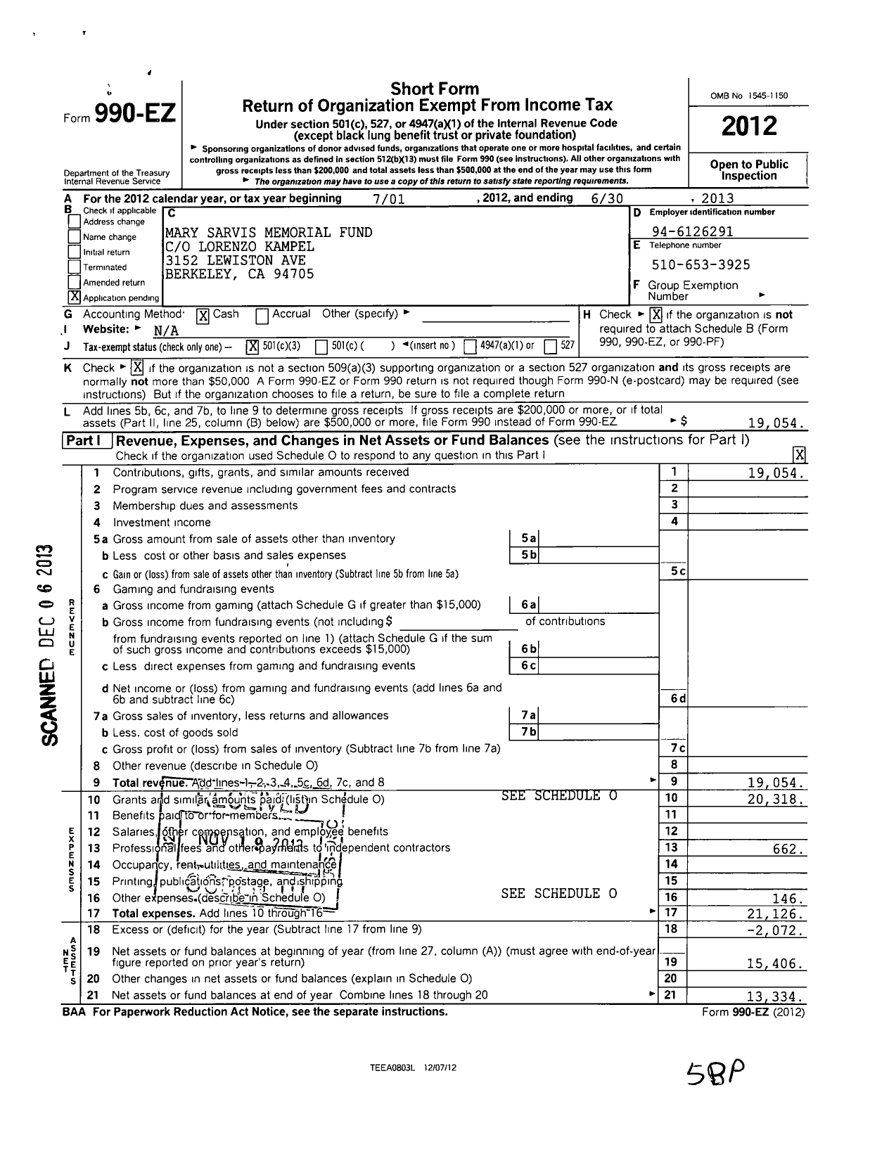 Image of first page of 2012 Form 990EZ for Mary Sarvis Memorial Fund CO Lorenzo Kampel