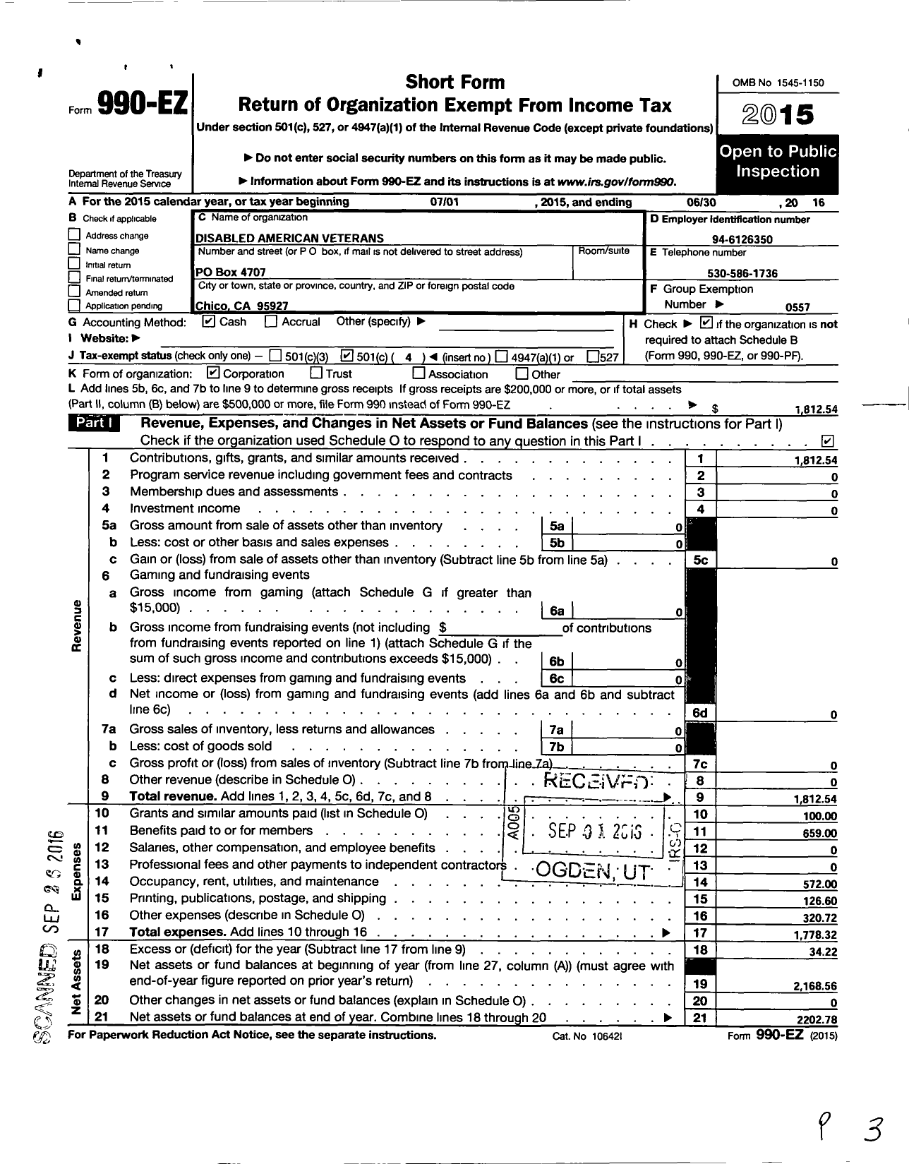 Image of first page of 2015 Form 990EO for Disabled American Veterans - 125 Chico