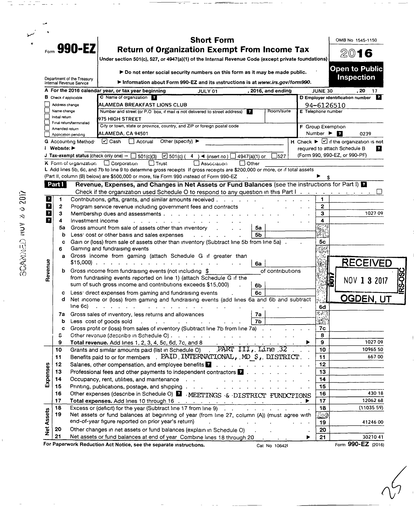 Image of first page of 2016 Form 990EO for Lions Clubs - 2061 Alameda Breakfast