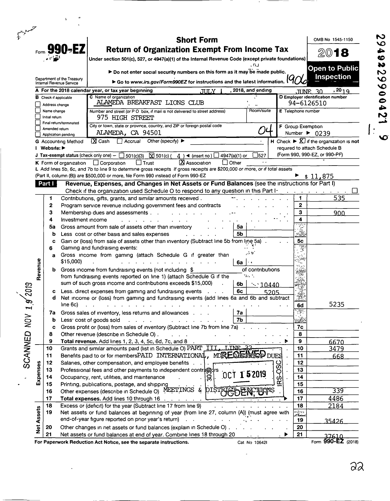 Image of first page of 2018 Form 990EO for Lions Clubs - 2061 Alameda Breakfast